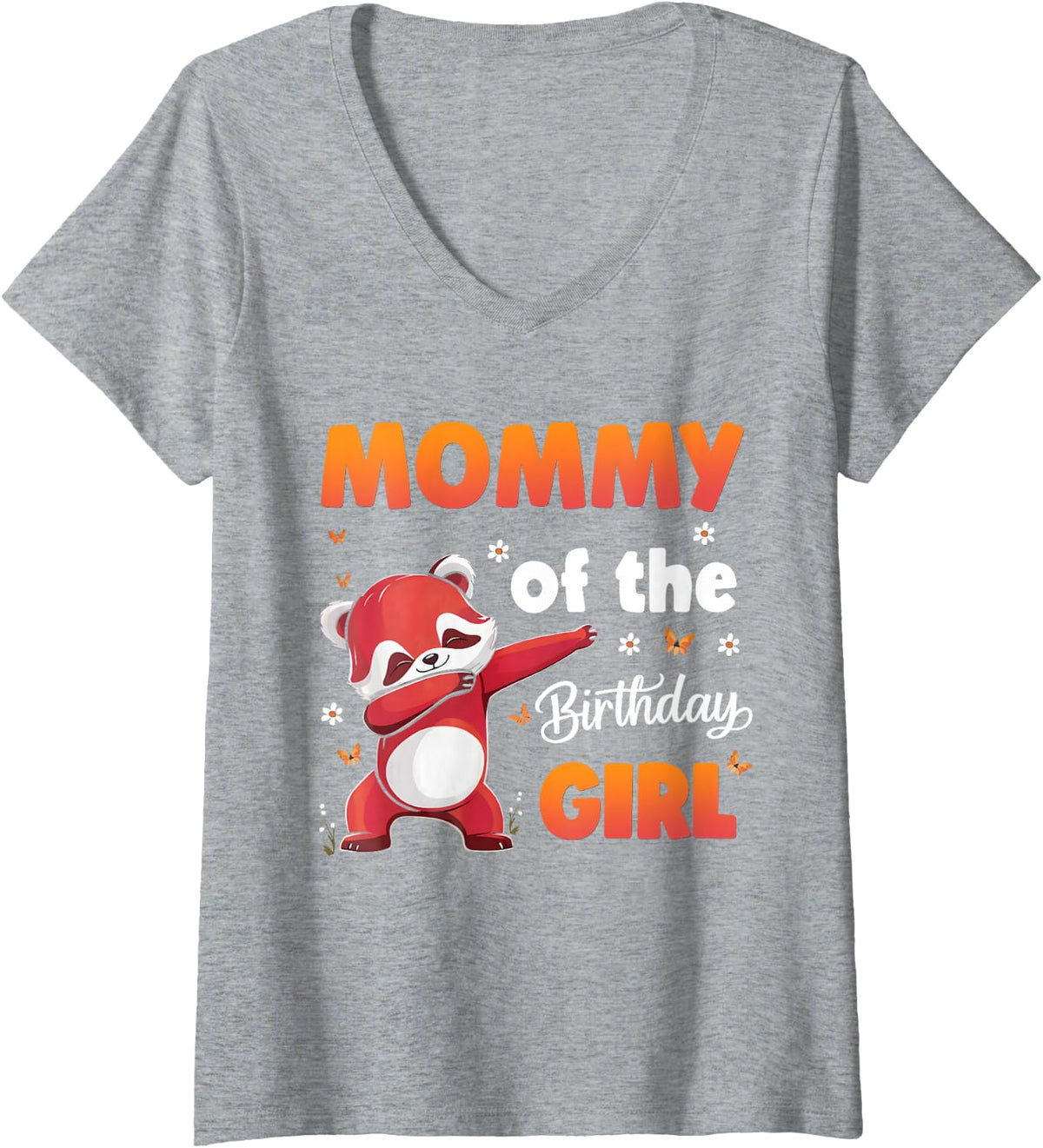 Womens Dabbing Red Panda Mommy of the Birthday Girl Matching V-Neck T-Shirt - Heather Grey