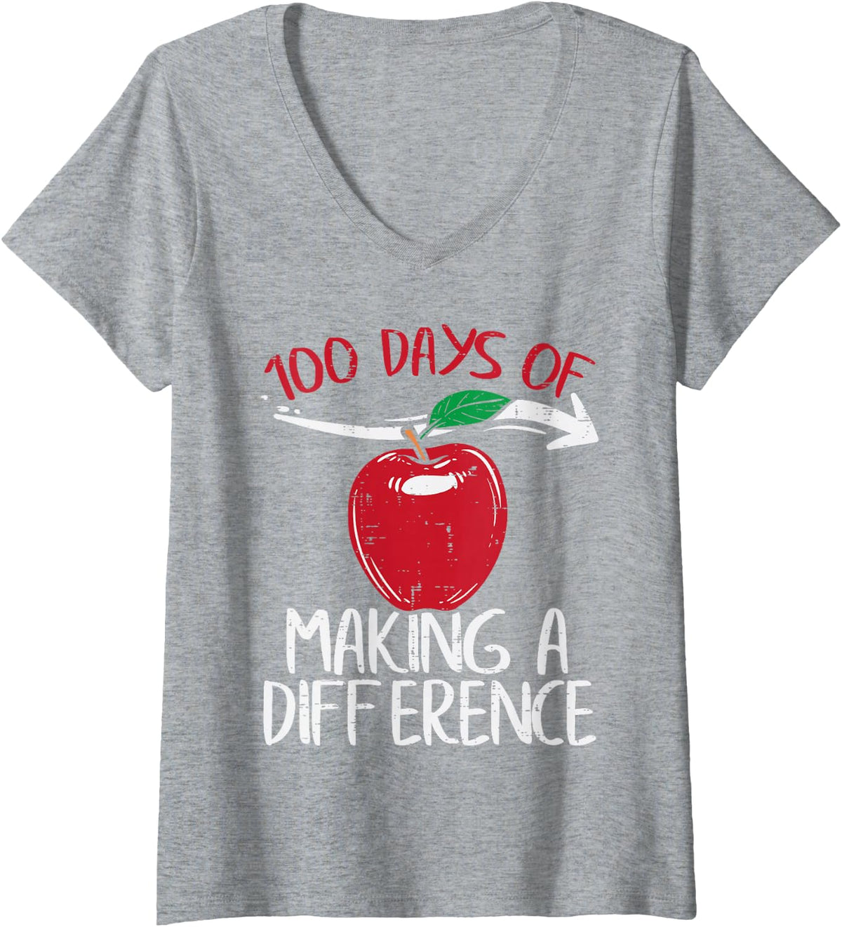 Women's 100 Days of Difference Apple 100th Day School Teacher V-Neck T-Shirt - Heather Grey
