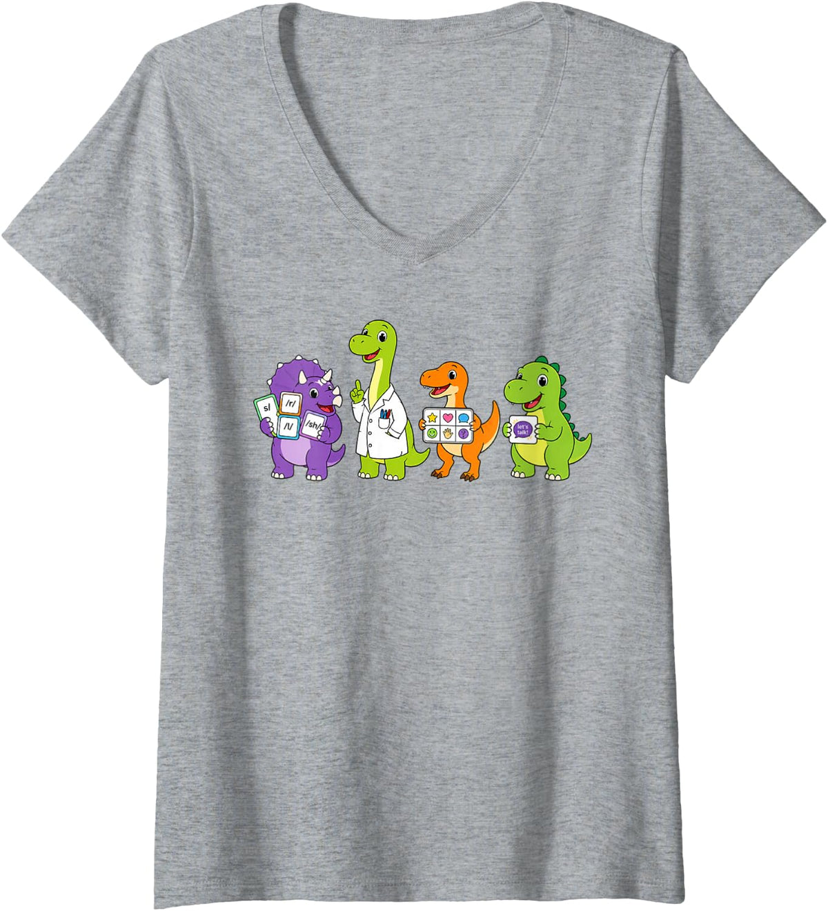 Women's SLP Squad AAC Speech Language Pathologist Dinosaur Funny V-Neck T-Shirt - Heather Grey