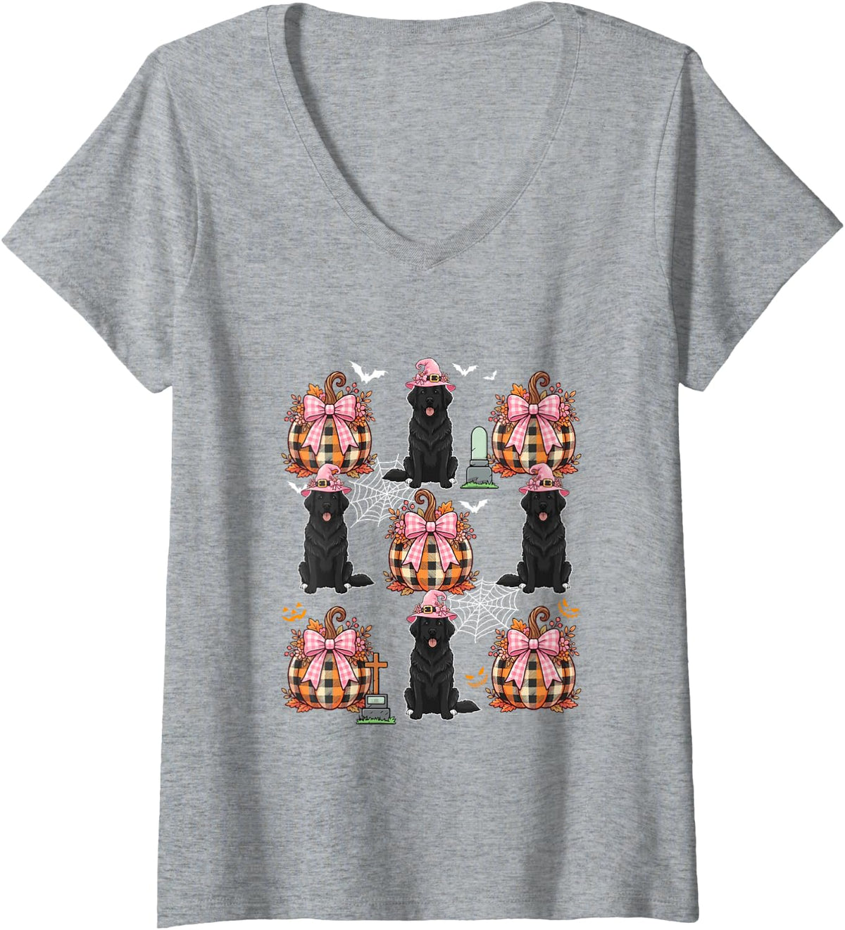 Women's Newfoundland As Witch Pumpkin Bow Tie Collection Halloween V-Neck T-Shirt - Heather Grey