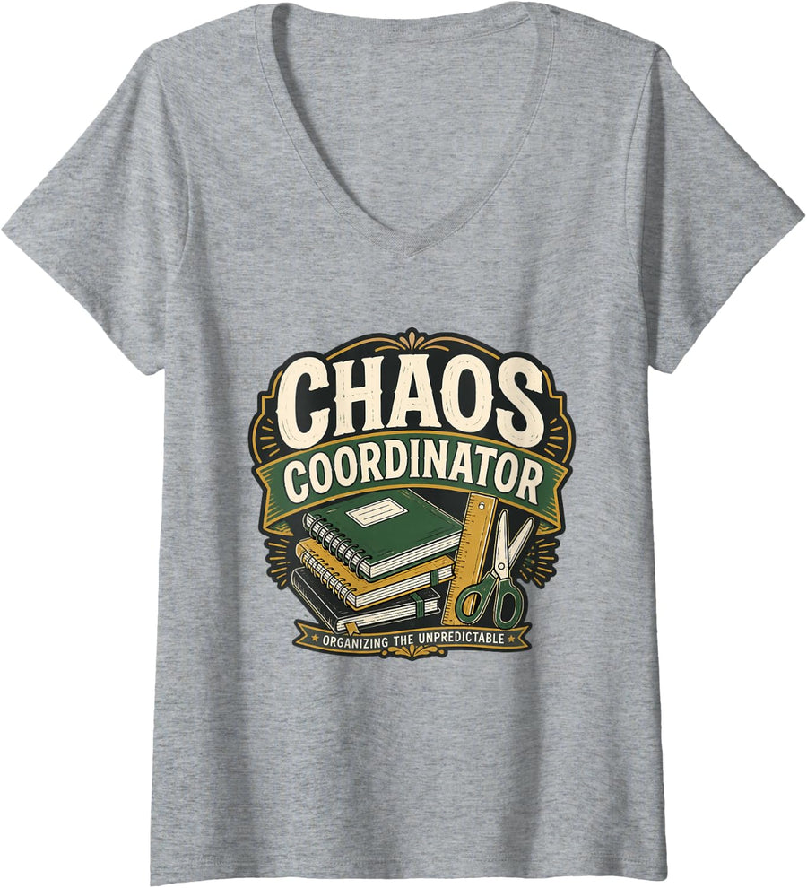 Women's Chaos Coordinator Teacher Classroom Educator Gift V-Neck T-Shirt - Heather Grey