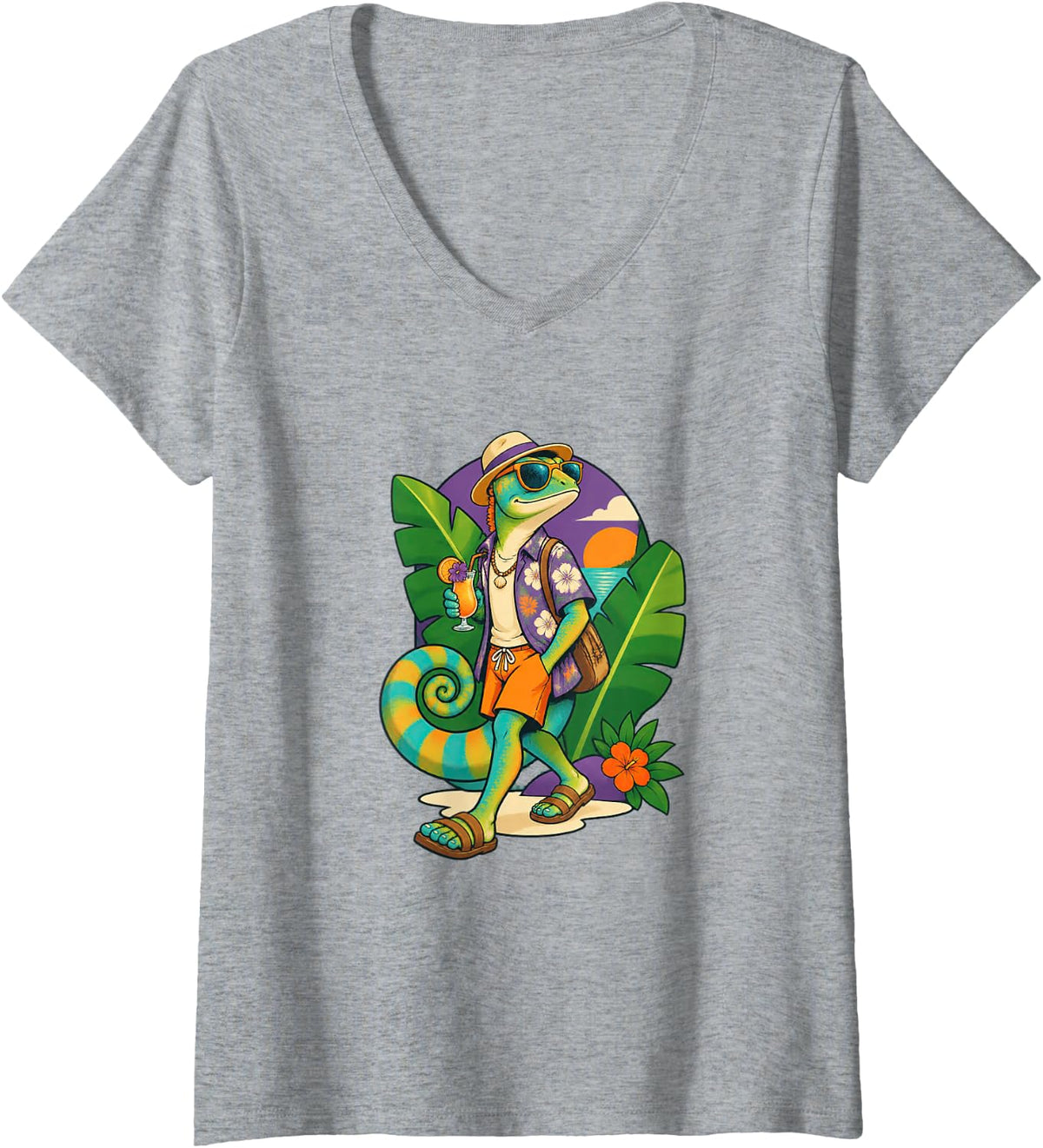 Women's Chameleon Poses with a Tropical Shirt V-Neck T-Shirt - Heather Grey