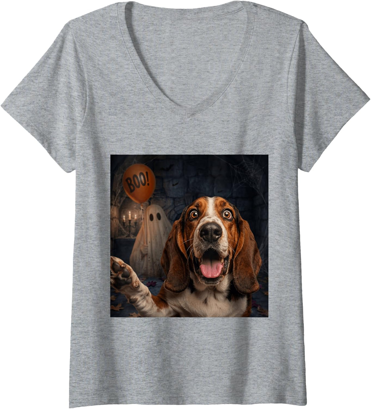 Women's Funny Basset Hound Ghost Boo Halloween Selfie Dog Meme V-Neck T-Shirt - Heather Grey