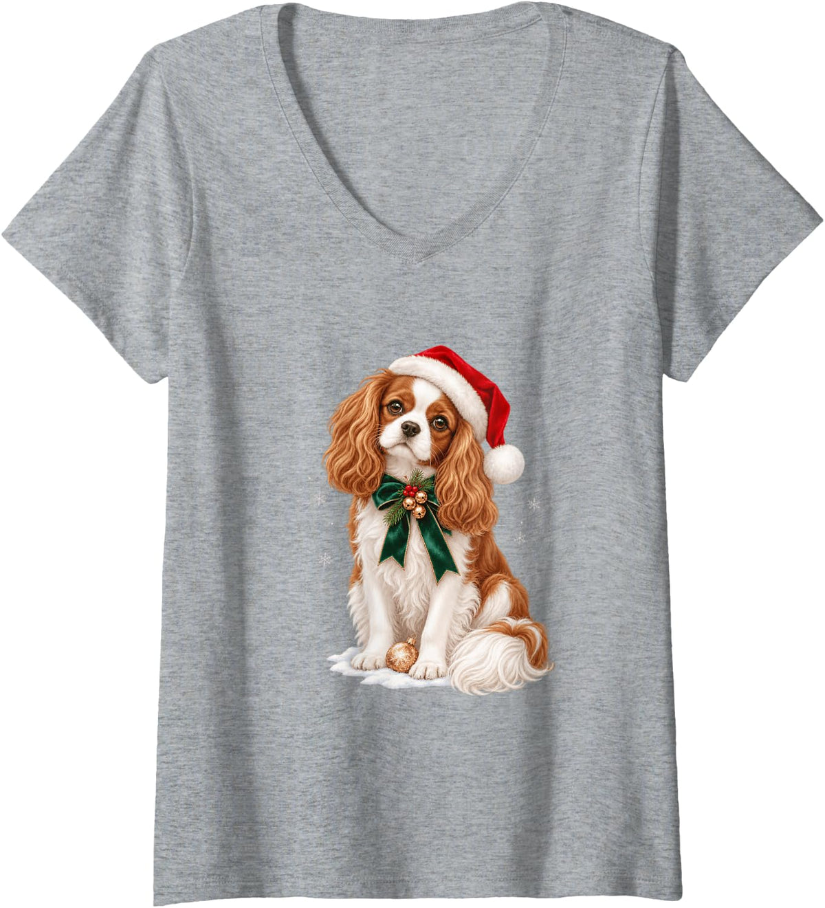 Women's Cavalier King Charles Spaniel Christmas Santa Hat Dog V-Neck T-Shirt - Heather Grey