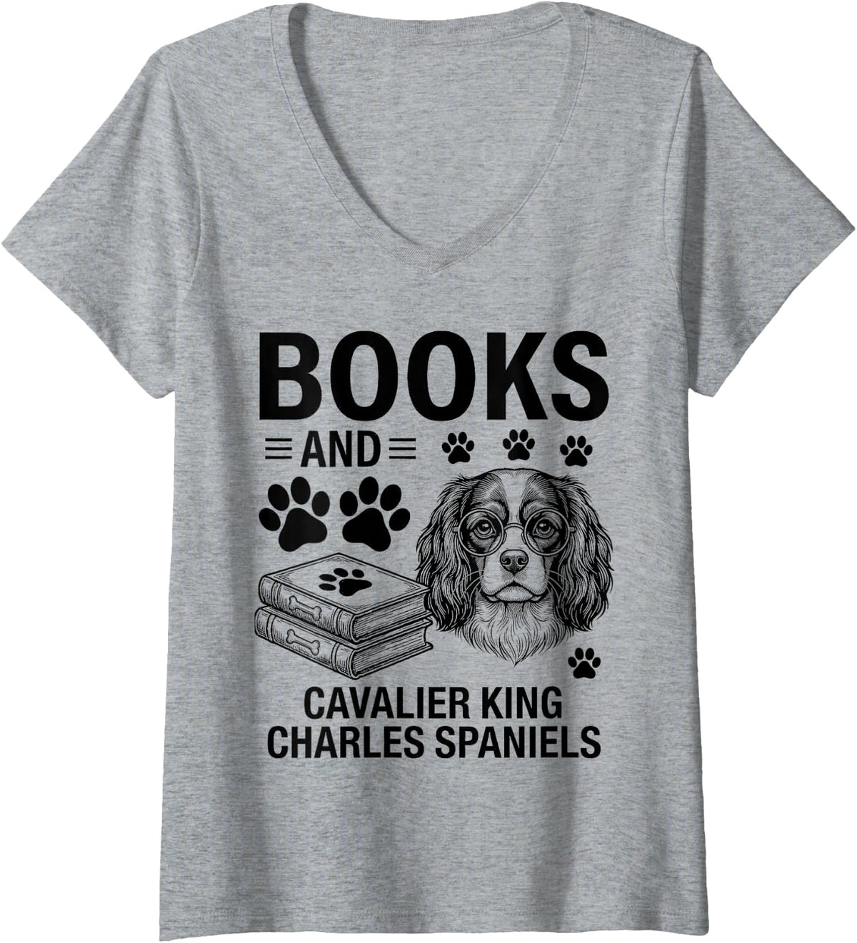 Women's Books and Cavalier King Charles Spaniel V-Neck T-Shirt - Heather Grey
