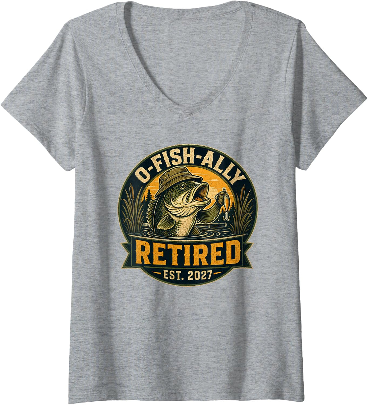Women's Fishing Retirement 2027 Largemouth Bass V-Neck T-Shirt - Heather Grey