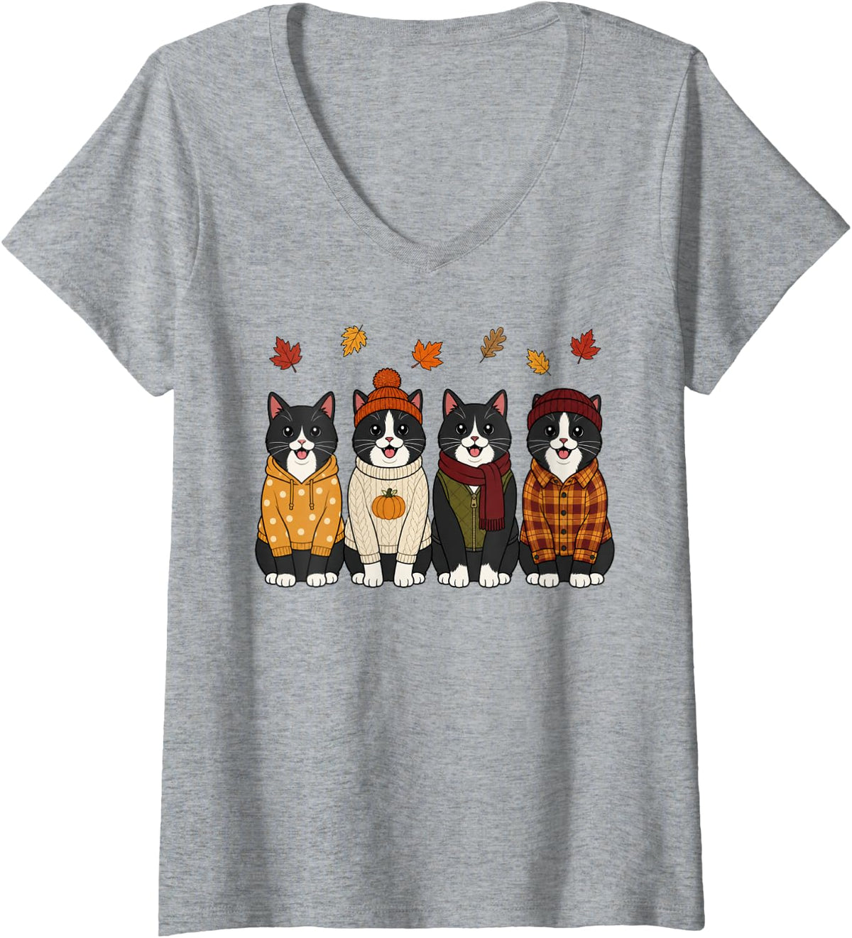 Women's Tuxedo Cat Fall Autumn Season Pumpkin V-Neck T-Shirt - Heather Grey