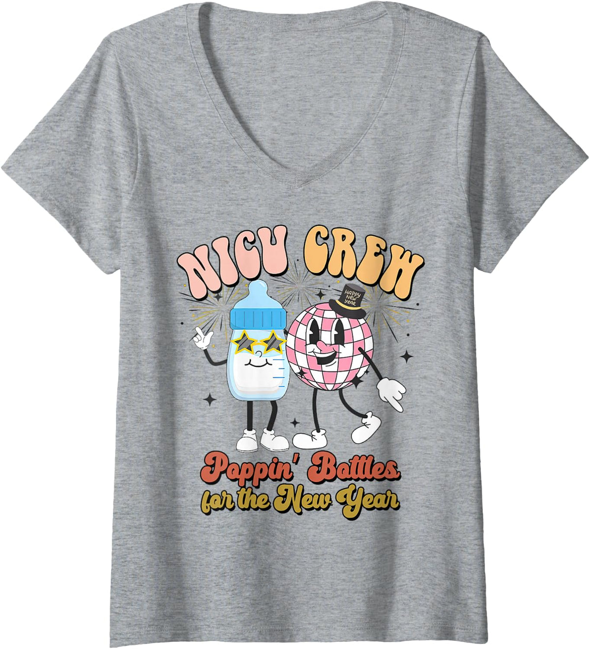Women's NICU Nurse Poppin' Bottles for The New Years V-Neck T-Shirt - Heather Grey