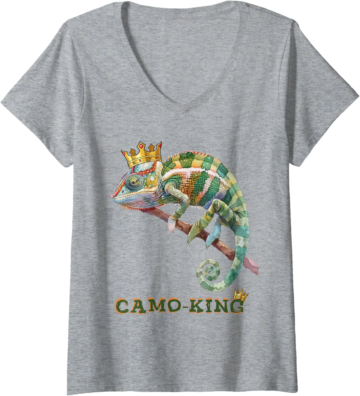 Women's Camo King Chameleon with Crown Funny Camouflage Animal V-Neck T-Shirt - Heather Grey