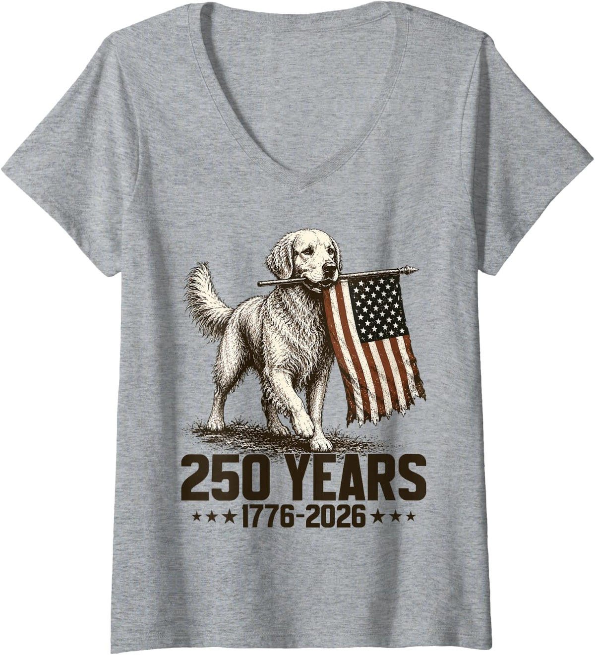 Women's 250 American Years 1776 2026 Golden Retriever Dog US Flag V-Neck T-Shirt - Heather Grey