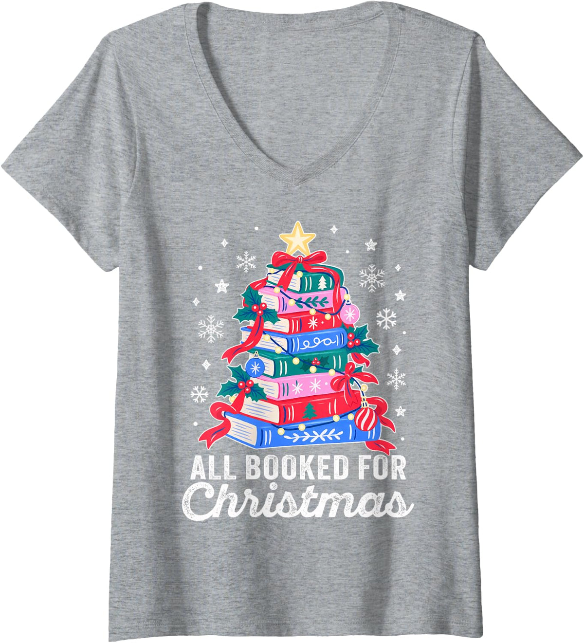 Women's All Booked for Christmas Tree Book Lover Teacher Librarian V-Neck T-Shirt - Heather Grey