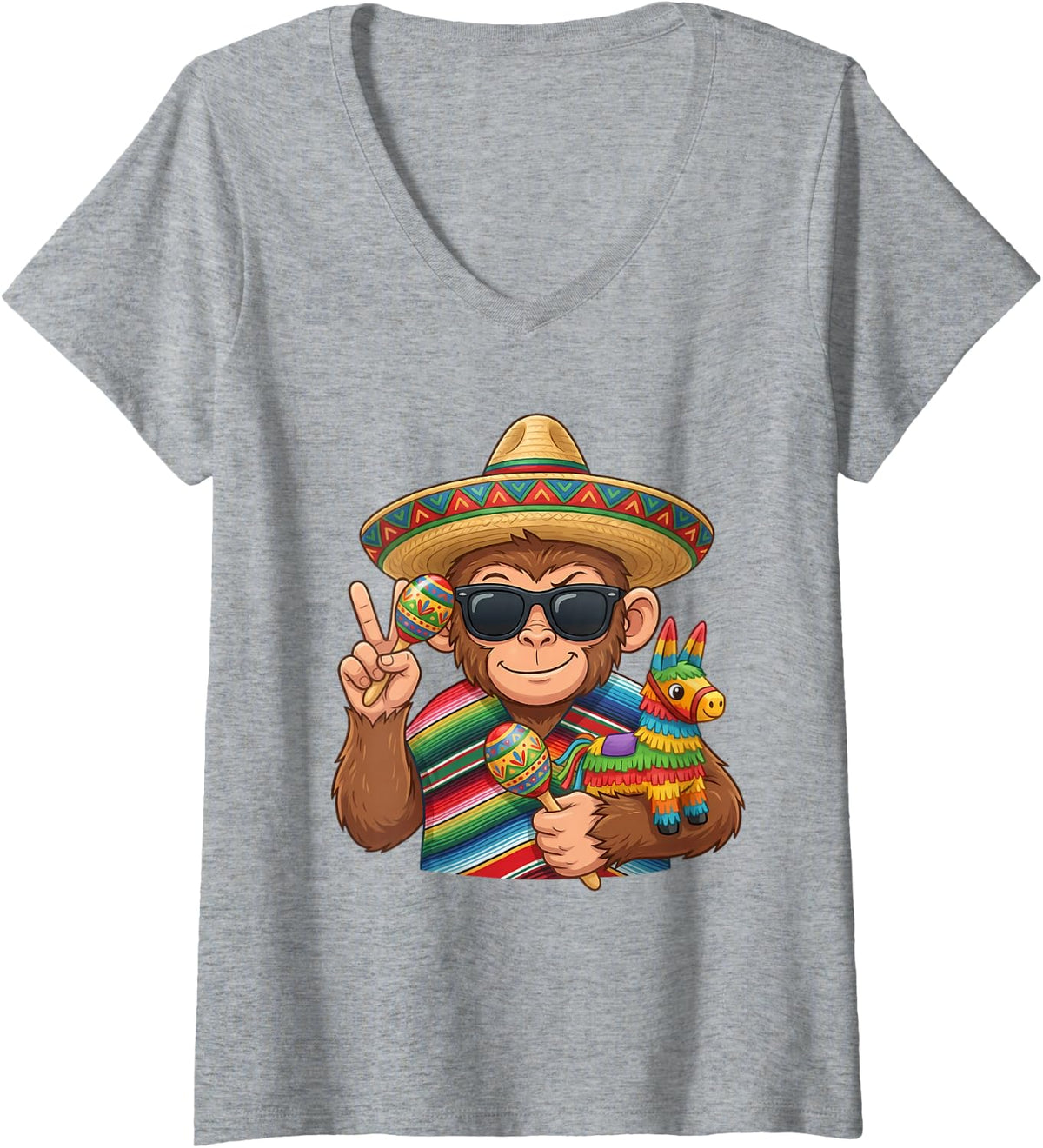 Women's Mexican Monkey Poncho Cinco De Mayo Fiesta Sombrero Meme V-Neck T-Shirt - Heather Grey