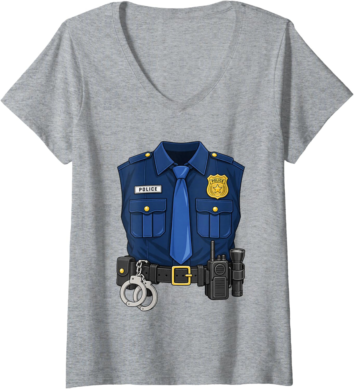 Women's Police Officer Uniform Costume Badge Tie Handcuffs Halloween V-Neck T-Shirt - Heather Grey