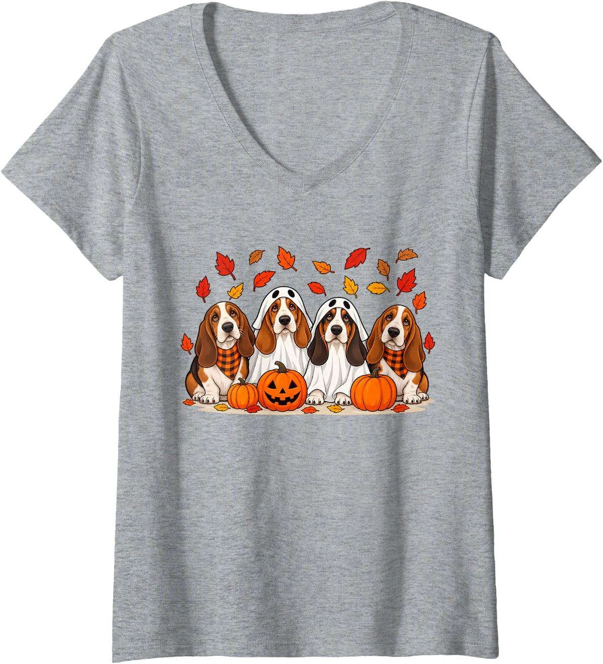 Women's Basset Hound Ghost Fall Autumn Thanksgiving Halloween V-Neck T-Shirt - Heather Grey