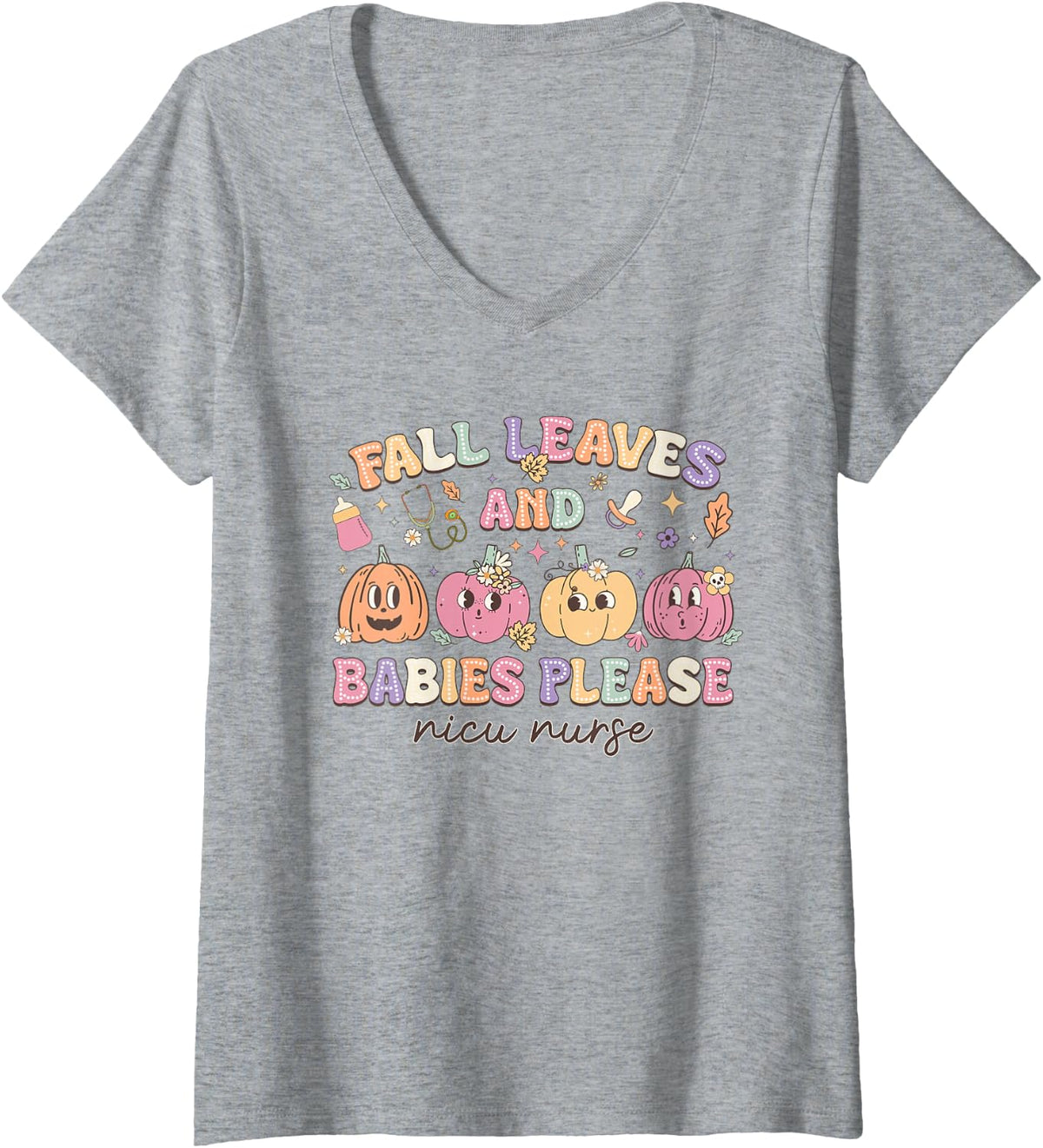 Women's Fall Leaves and Babies Fresh Pumpkins Please NICU Nurse V-Neck T-Shirt - Heather Grey
