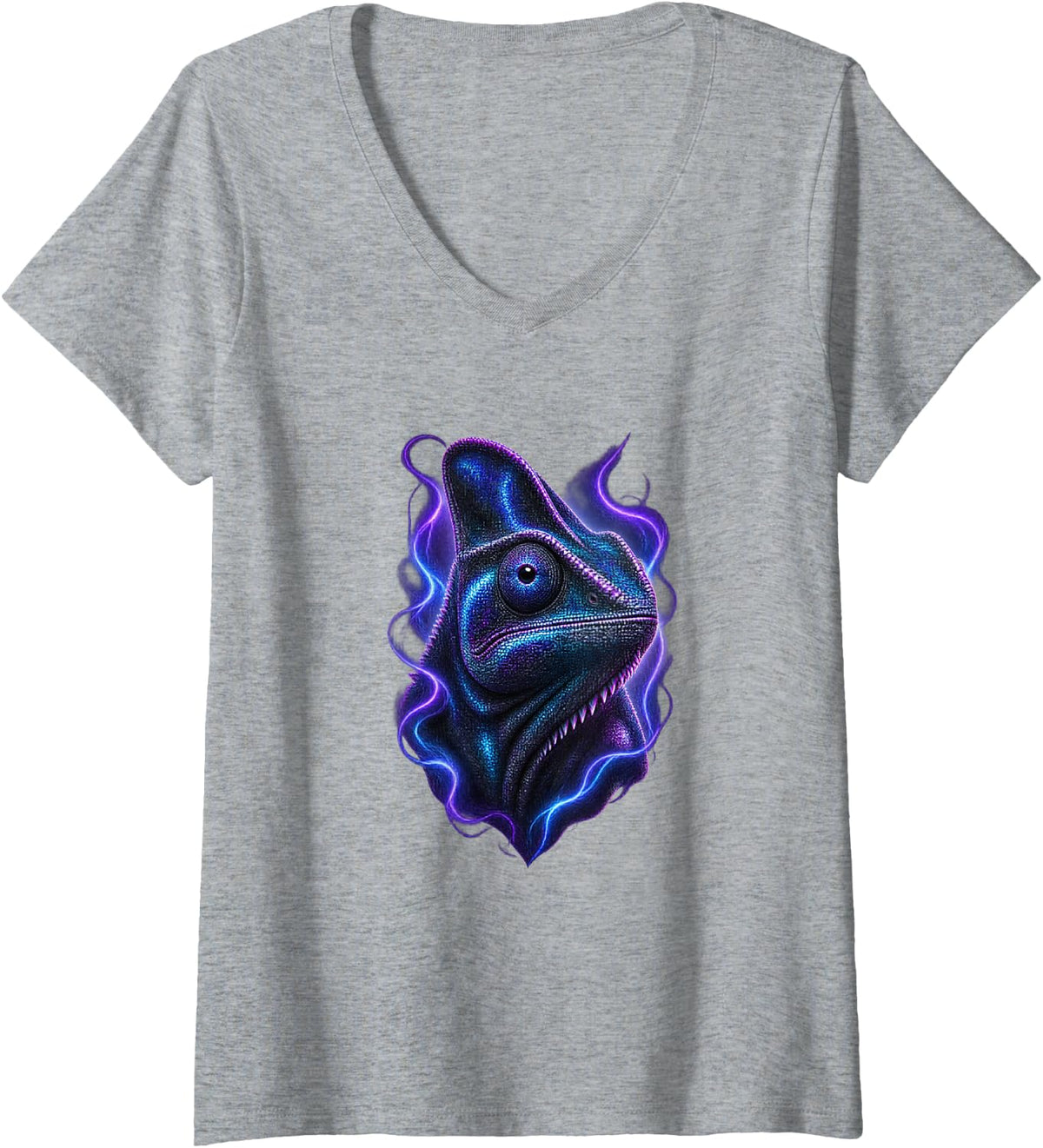 Women's Chameleon with Violet Plasma Curves Reptile Art V-Neck T-Shirt - Heather Grey