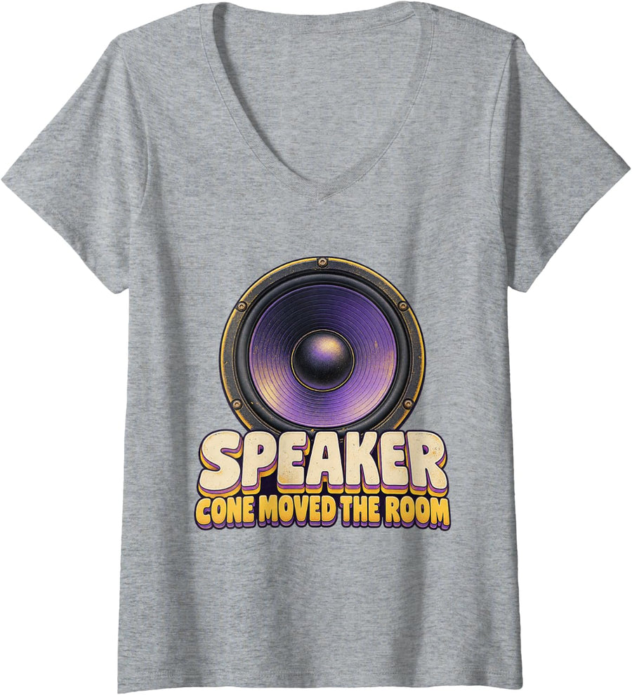 Women's Speaker Cone Moved The Room 80s 90s Hip Hop Graphic V-Neck T-Shirt - Heather Grey