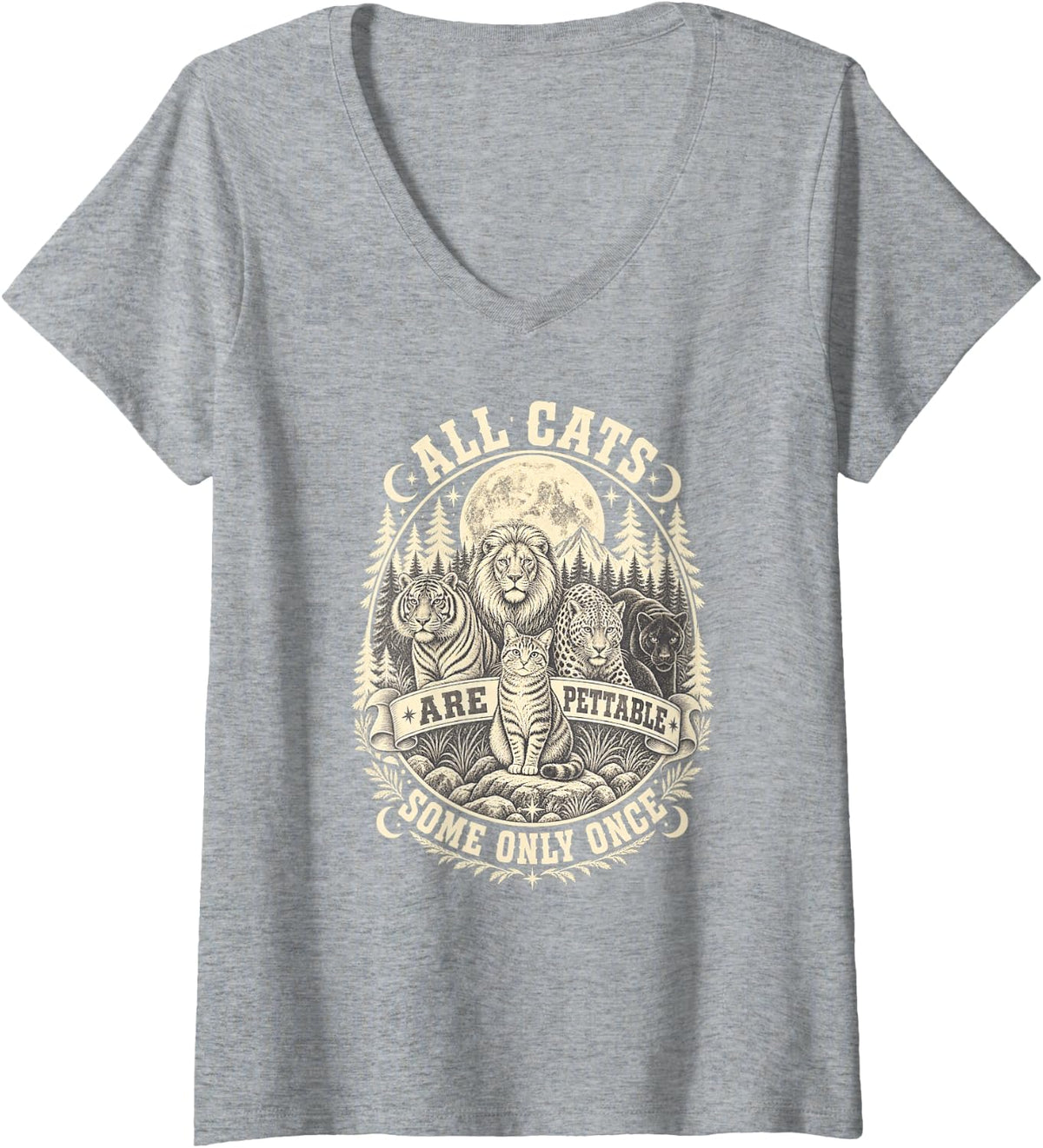 Women's All Cats are Pettable Some Only Once Tiger Leopard Lion V-Neck T-Shirt - Heather Grey