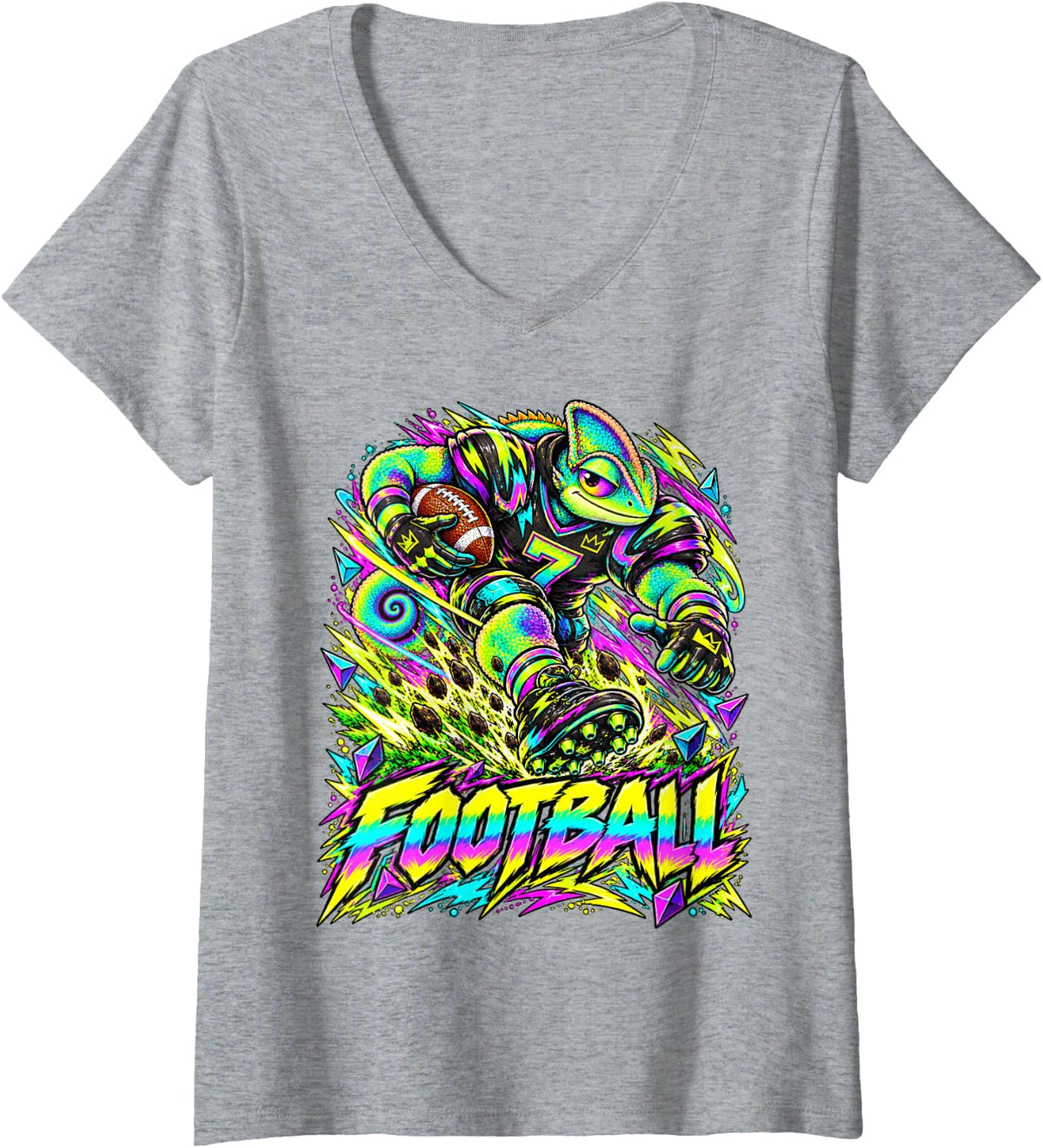 Women's Chameleon American Football Player Colorful Sports Art V-Neck T-Shirt - Heather Grey