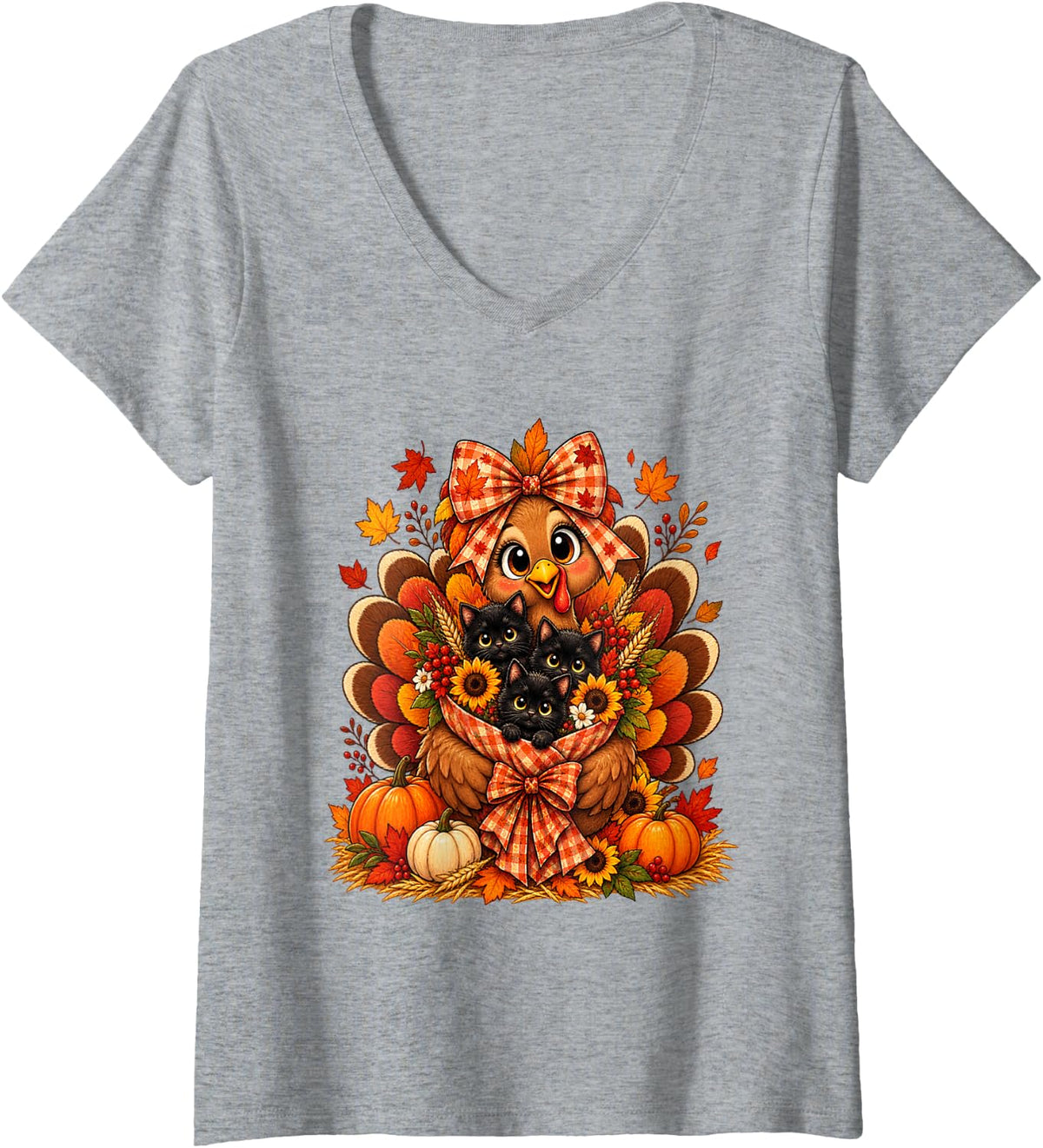 Women's Turkey Black Kittens Cat Mom Cat Lover Women Thanksgiving V-Neck T-Shirt - Heather Grey