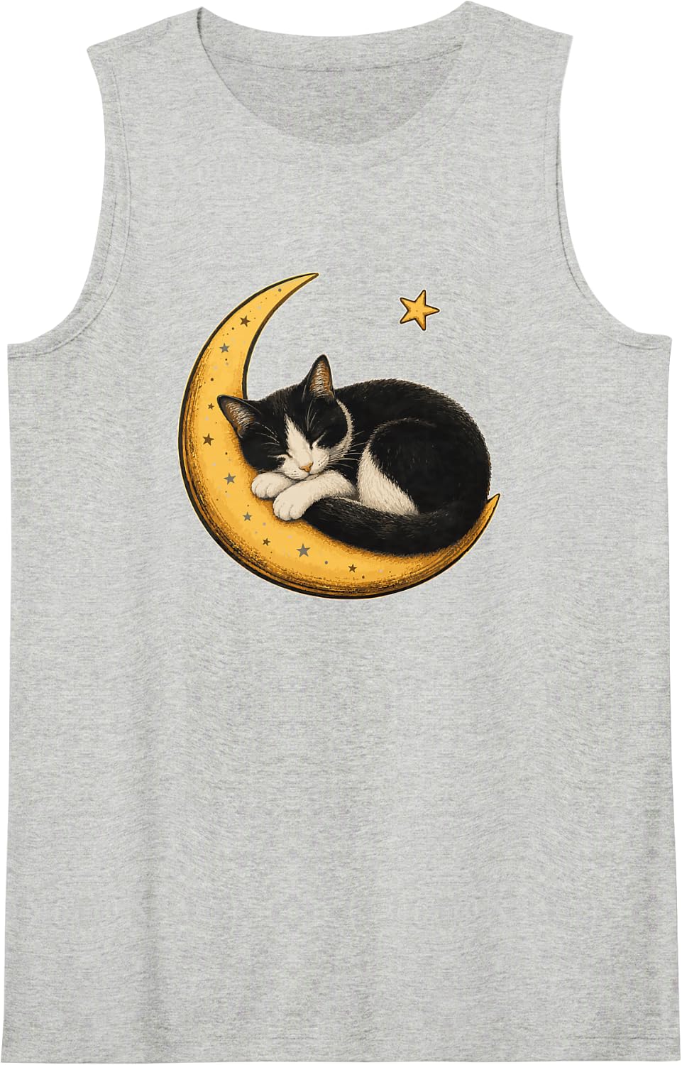 Sleeping Tuxedo Cat on Crescent Moon Celestial Art Sleeveless Tank Top - Heather Grey
