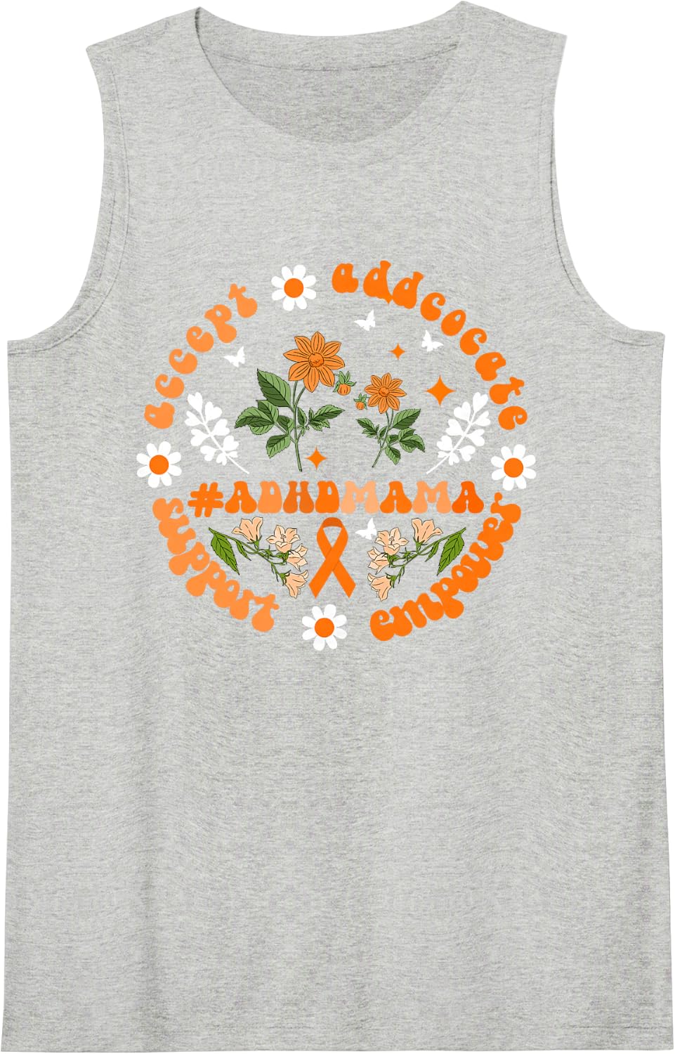 ADHD Mama Groovy ADHD Awareness Family Support Orange Ribbon Tank Top - Heather Grey