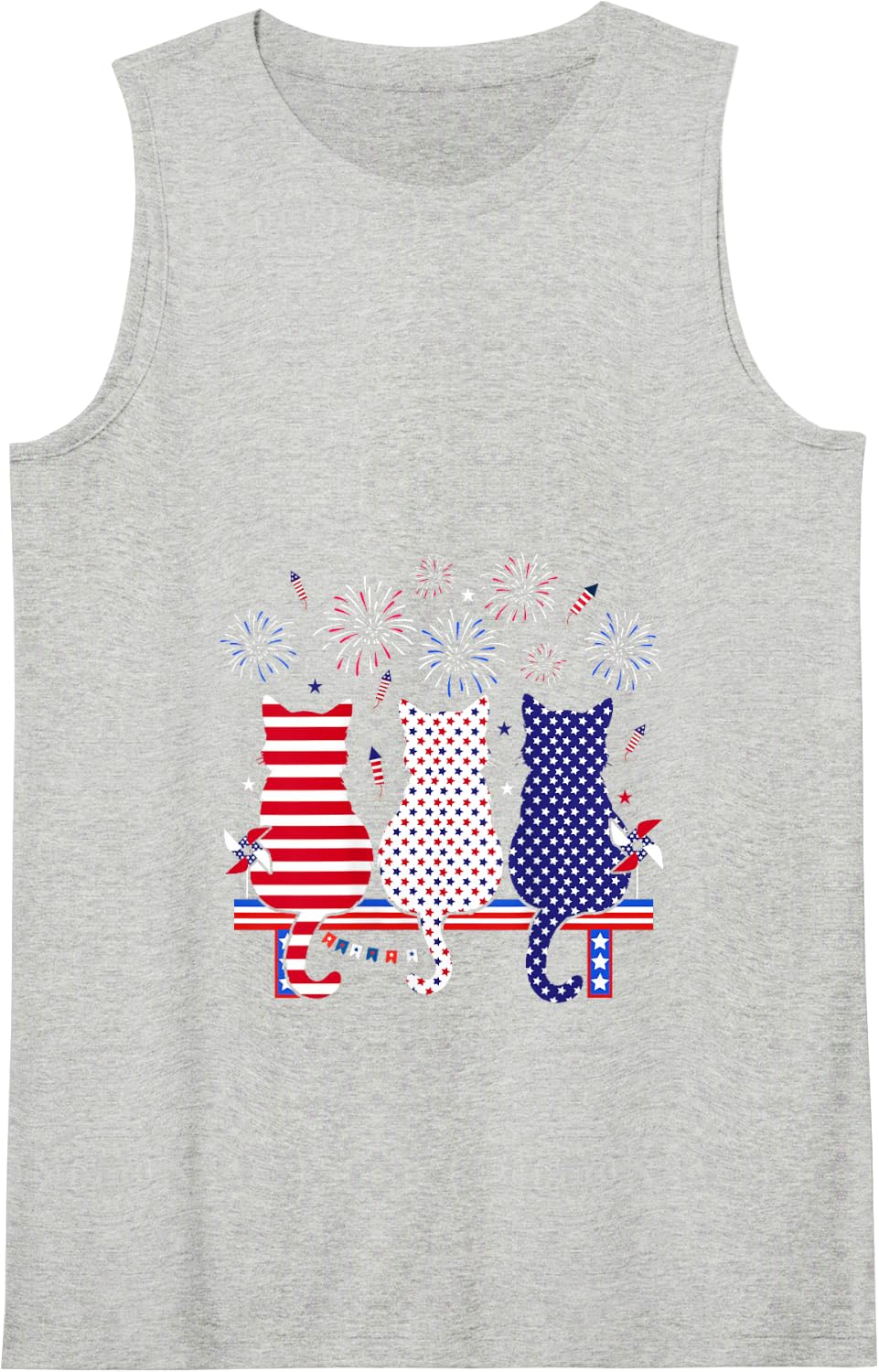 Red Blue White Three Cute Cats 4th of July US Flag Lover Tank Top - Heather Grey