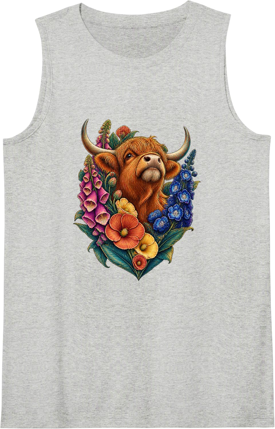 Highland Cow Hollyhock Poster Art Sleeveless Tank Top - Heather Grey