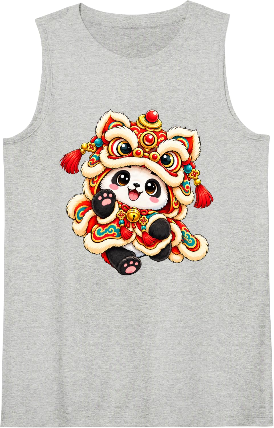 Kawaii Panda Dancing Happy Chinese New Year 2027 Lion Dance Sleeveless Tank Top - Heather Grey