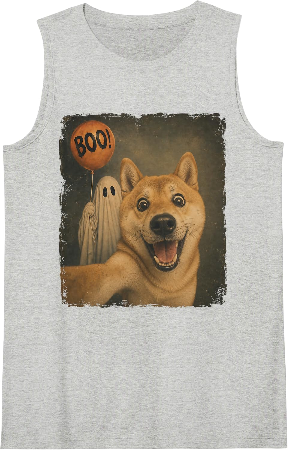 Shiba Inu Halloween Ghost Selfie Boo Dog Meme Graphic Funny Sleeveless Tank Top - Heather Grey