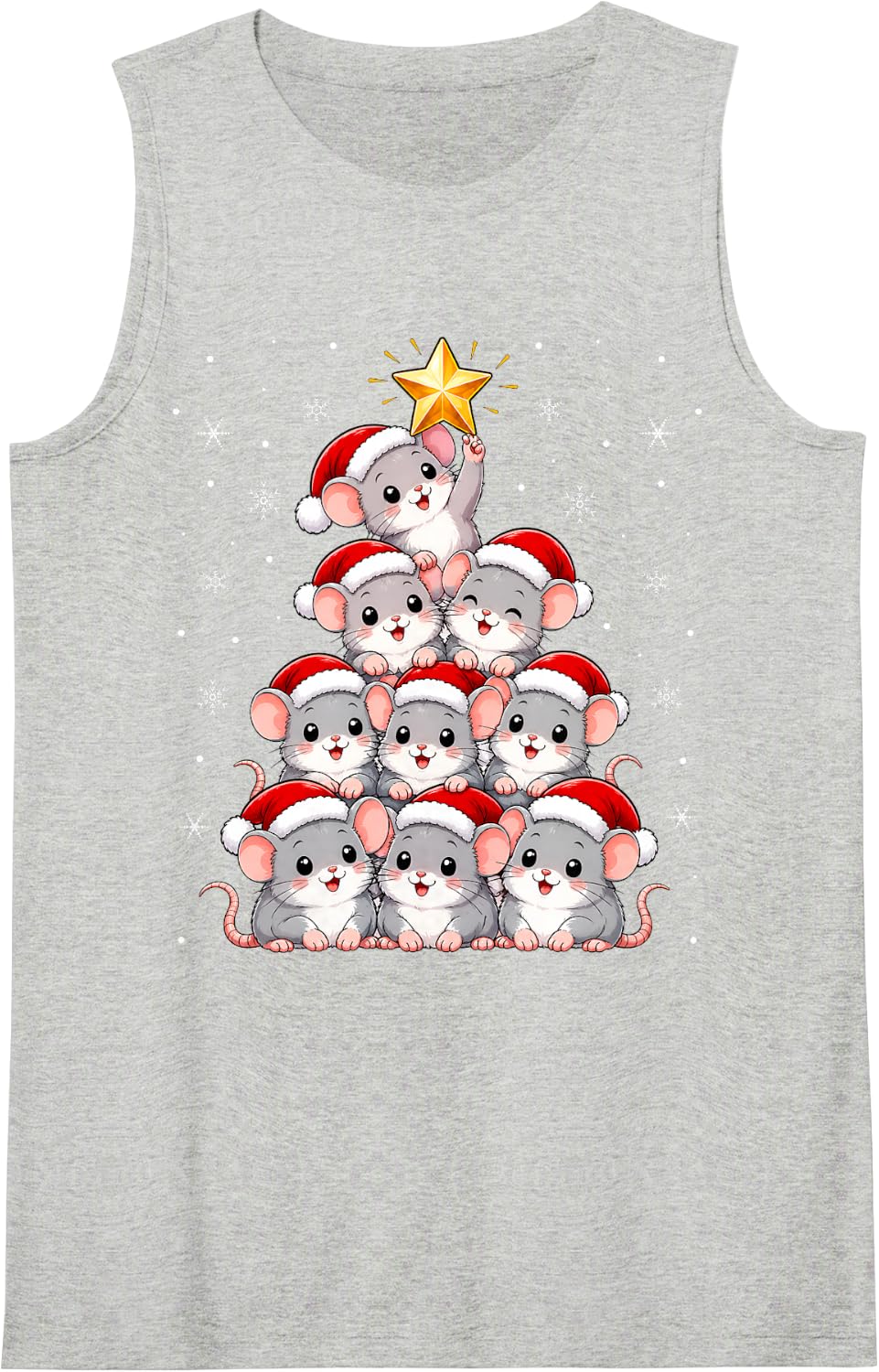 Cute Festive Santa Hat Rat Mouse Christmas Tree Sleeveless Tank Top - Heather Grey