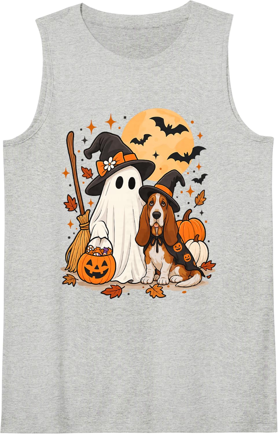 Basset Hound Ghost Dog Witch Hat Halloween Tank Top - Heather Grey