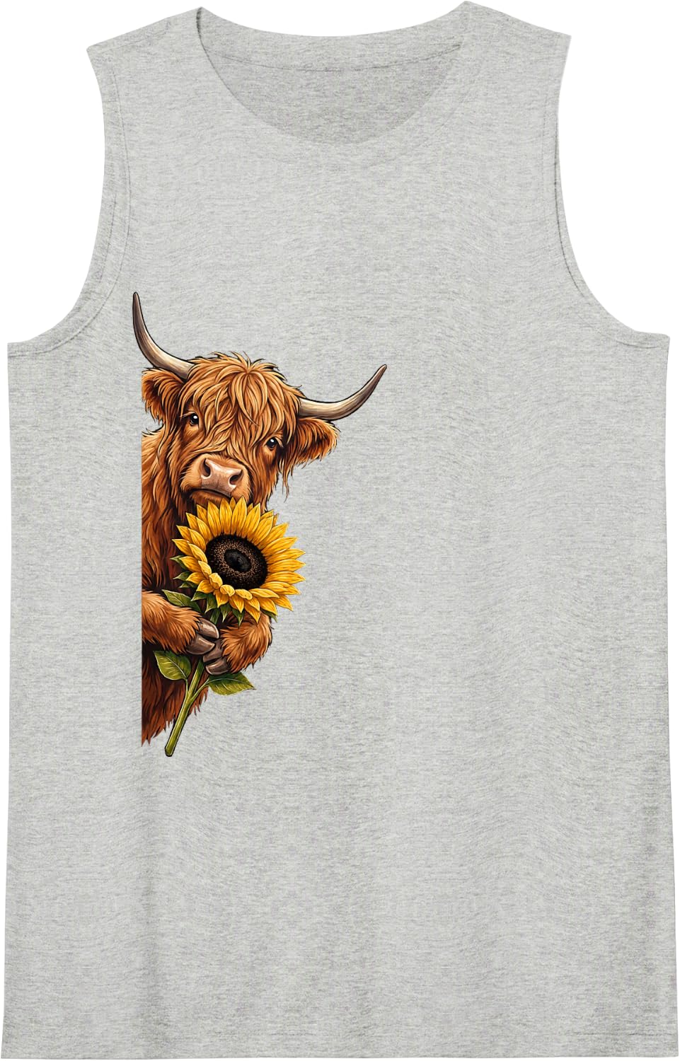 Highland Cow Sunflower Peeking from Side Wildlife Animal Sleeveless Tank Top - Heather Grey