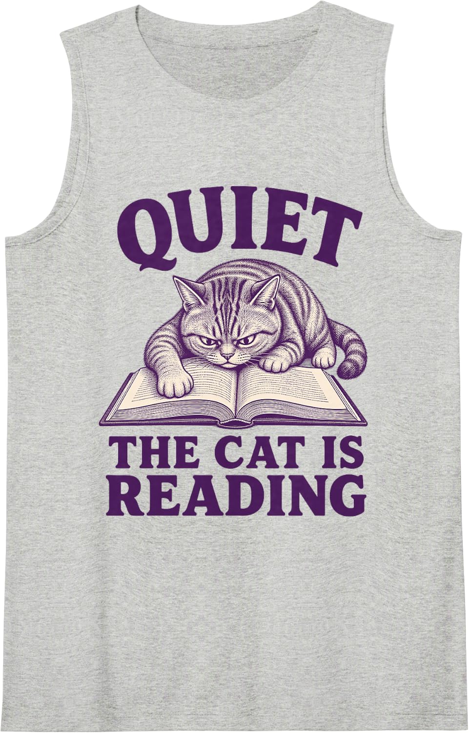 Quiet the Cat is Reading Cat Mom Reader Sleeveless Tank Top - Heather Grey