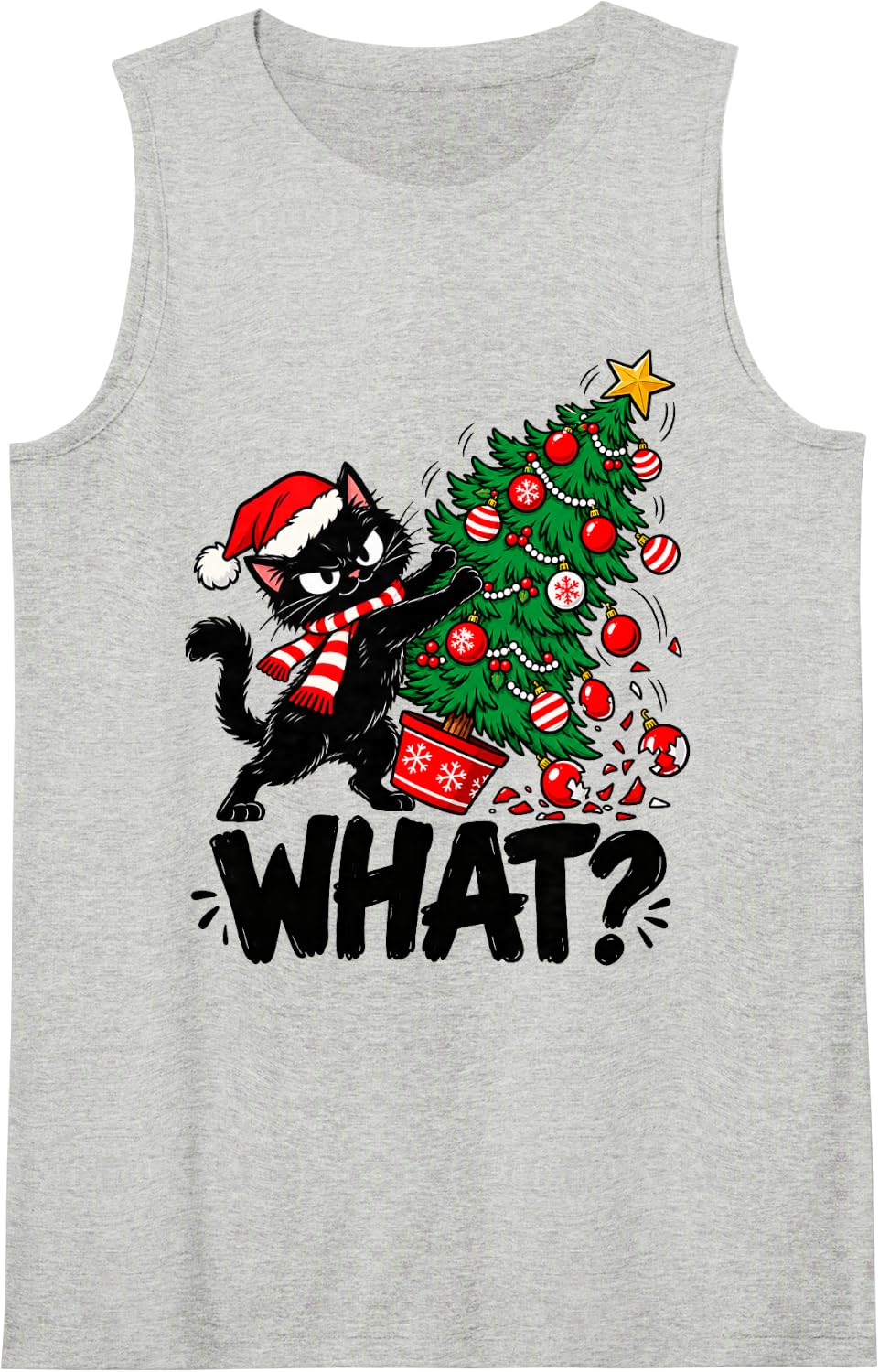 Funny Cat Knocking Over Christmas Tree for Women - What? Sleeveless Tank Top - Heather Grey