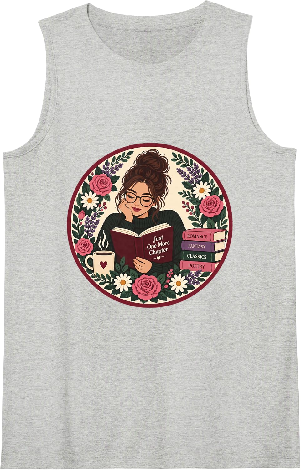 Just One More Chapter Book Lover Floral Reading Aesthetic Sleeveless Tank Top - Heather Grey