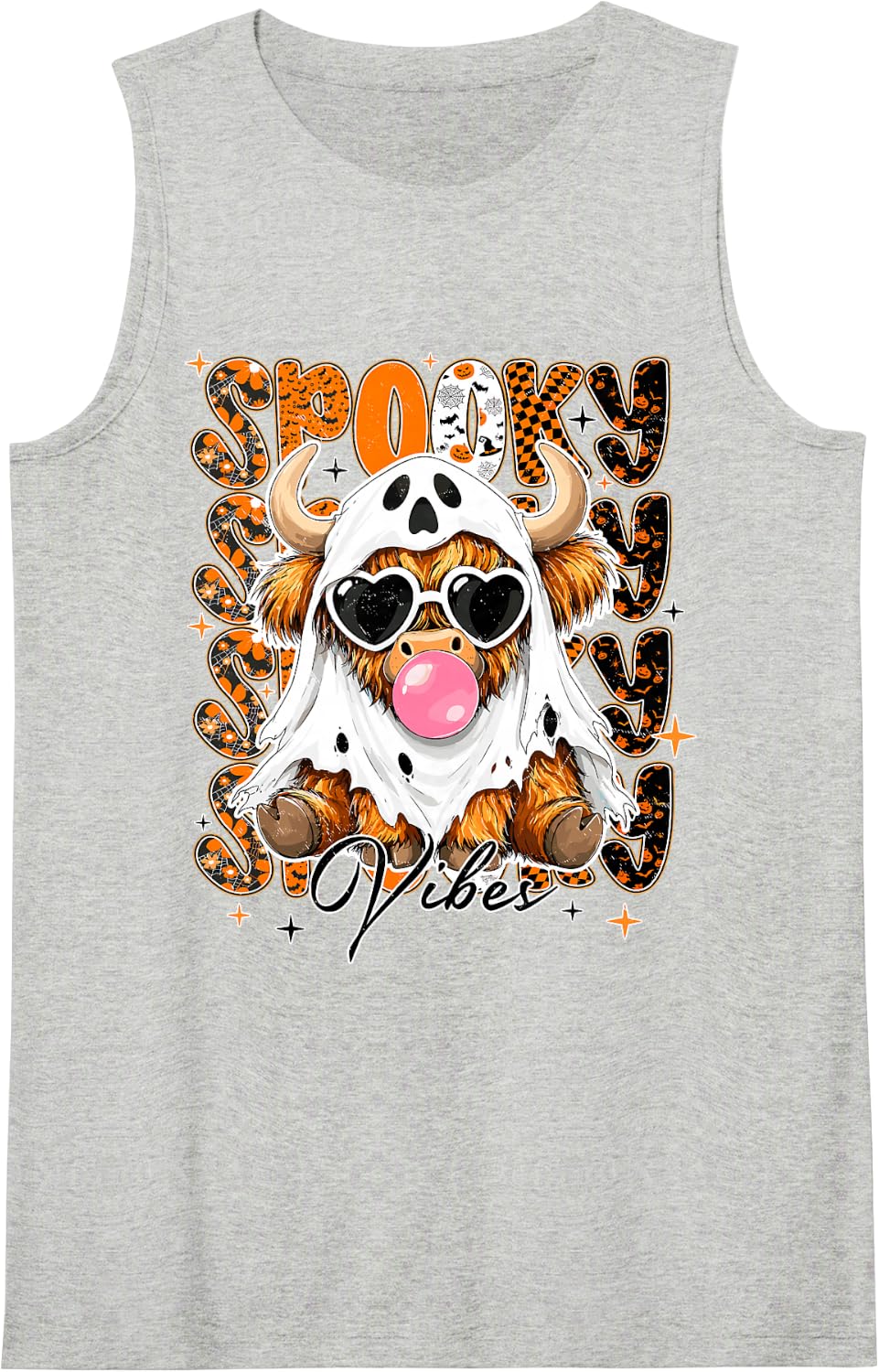 Spooky Vibes Highland Cow Halloween Ghost Cow Blowing Bubble Sleeveless Tank Top - Heather Grey