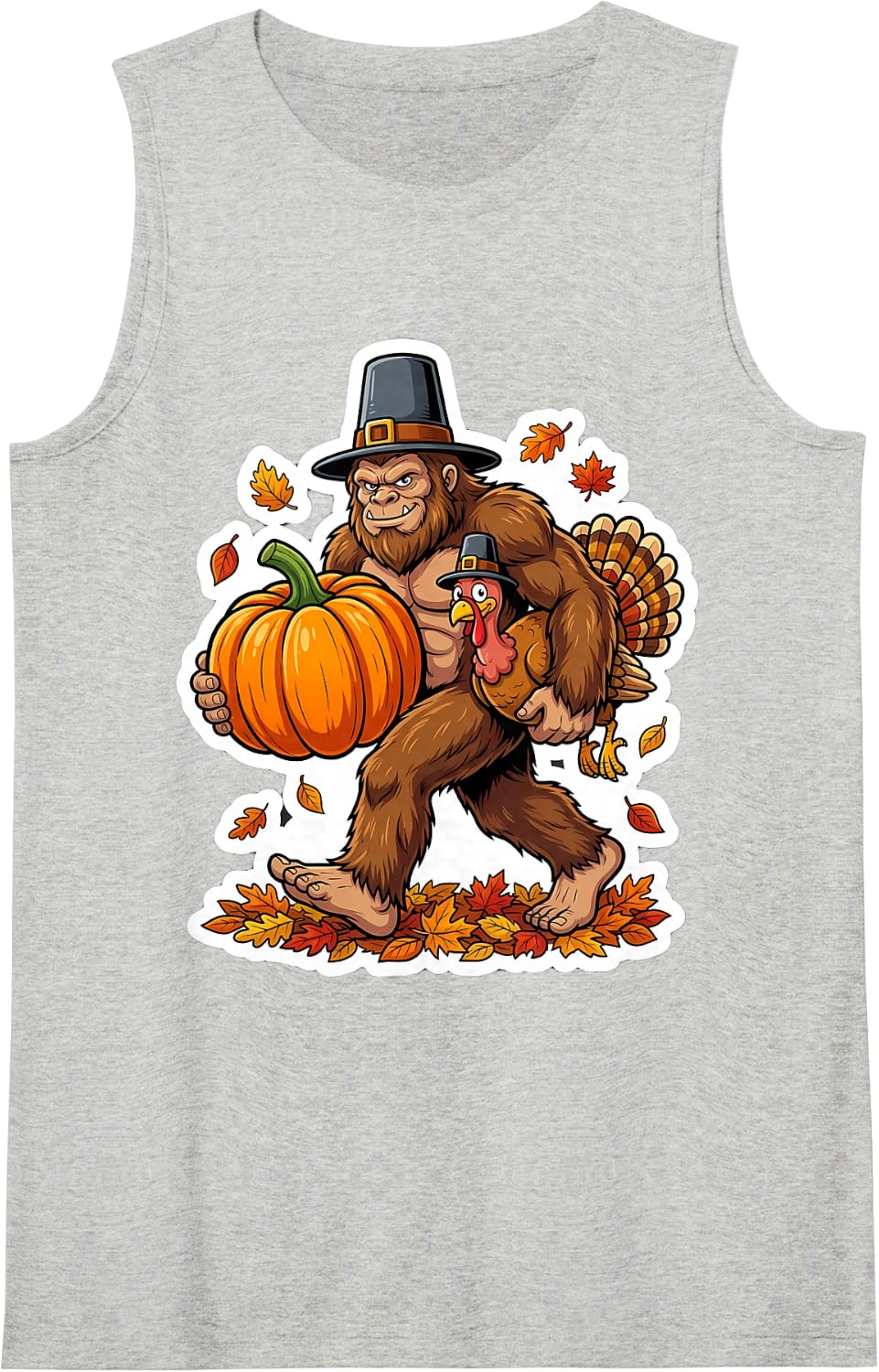 Bigfoot Pilgrim Turkey Pumpkin Thanksgiving Fall Autumn Meme Sleeveless Tank Top - Heather Grey