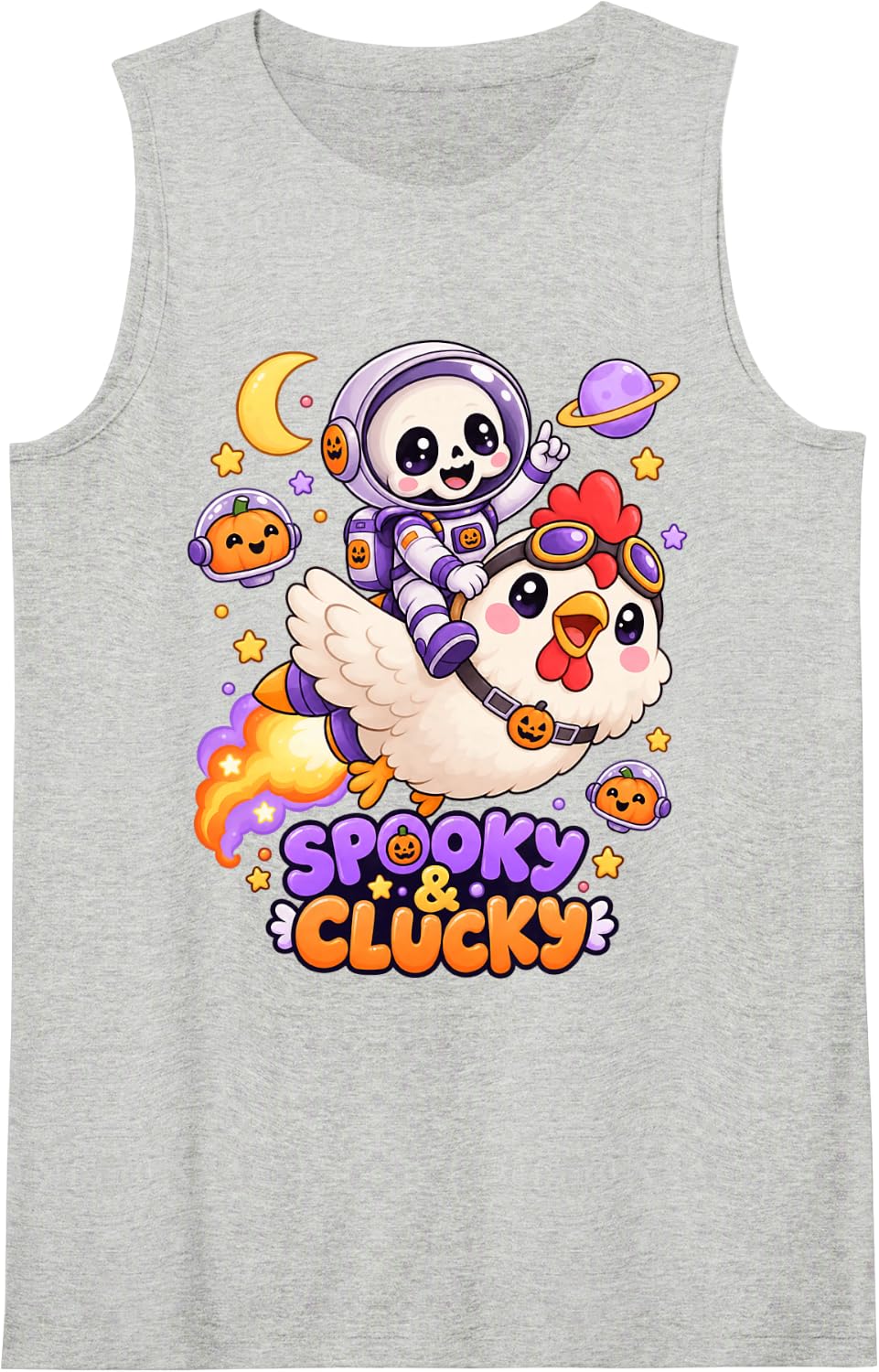 Spooky & Clucky Funny Halloween Skeleton Riding Chicken Sleeveless Tank Top - Heather Grey