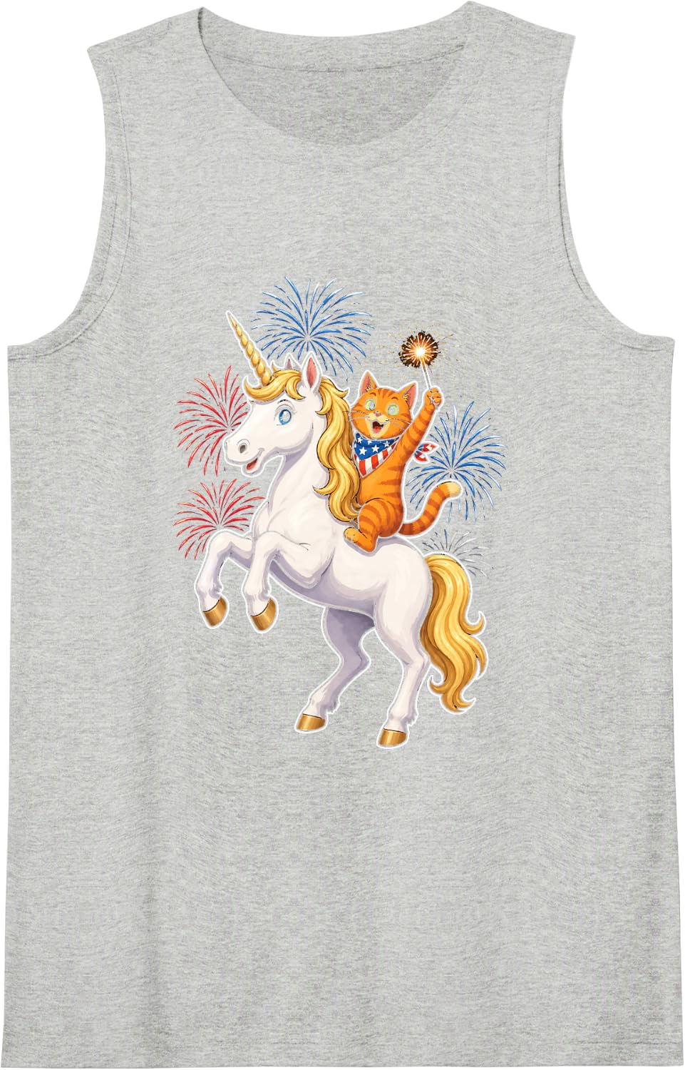 Patriotic Cat Unicorn 4th of July Fireworks Orange Tabby Sleeveless Tank Top - Heather Grey