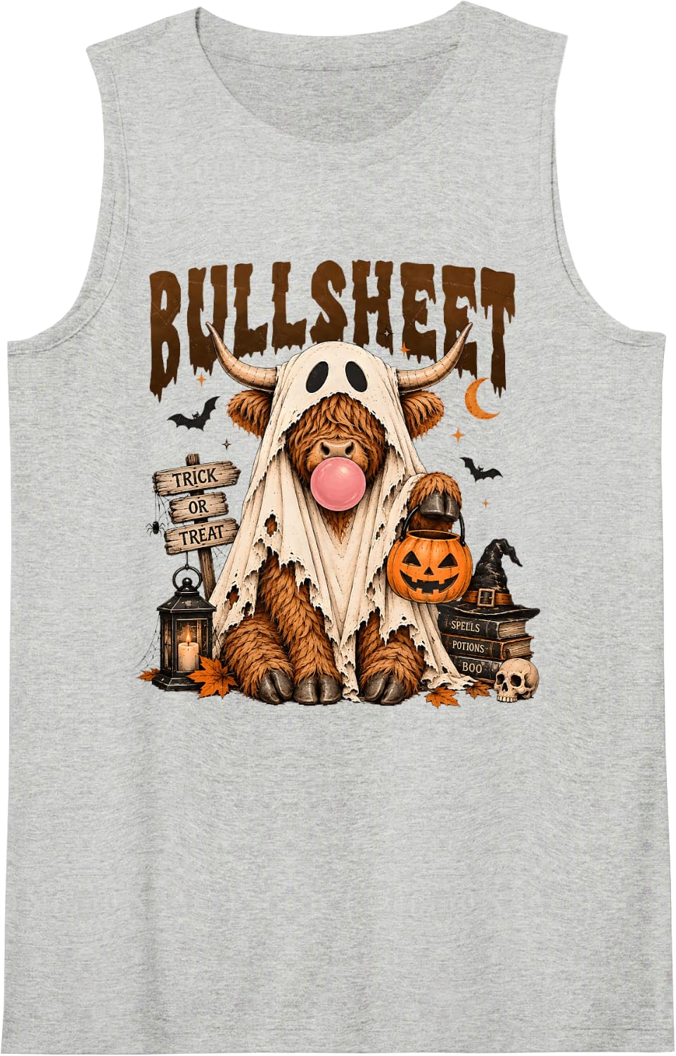Retro Highland Cow Ghost Bubble Gum Bullsheet Spooky Fall Sleeveless Tank Top - Heather Grey