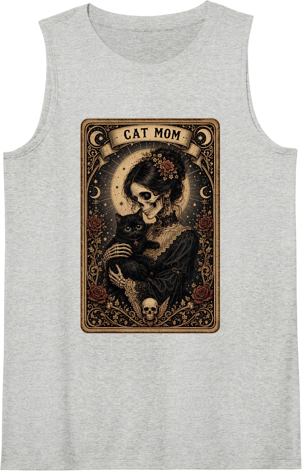Cat Mom Gothic Tarot Card Vintage Skeleton Woman Girls Sleeveless Tank Top - Heather Grey