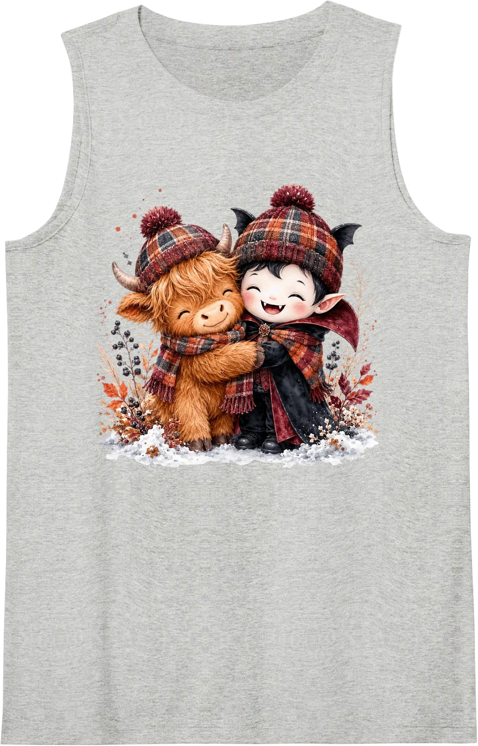 Cute Vampire Child Highland Cow Halloween Autumn Plaid Art Sleeveless Tank Top - Heather Grey