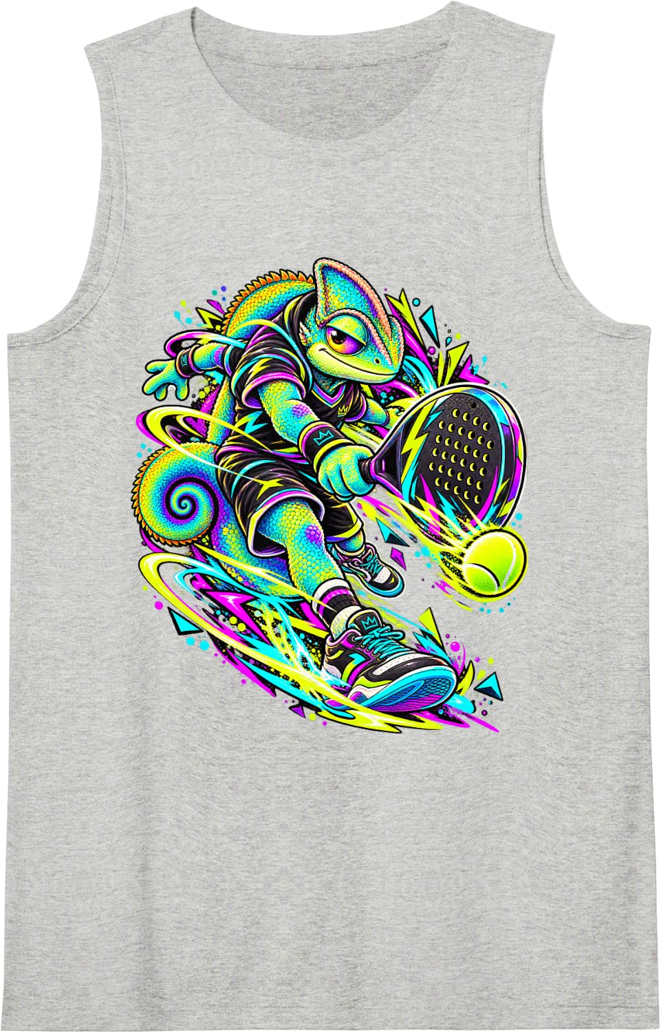 Chameleon Pickleball Smash Colorful Sports Action Art Sleeveless Tank Top - Heather Grey