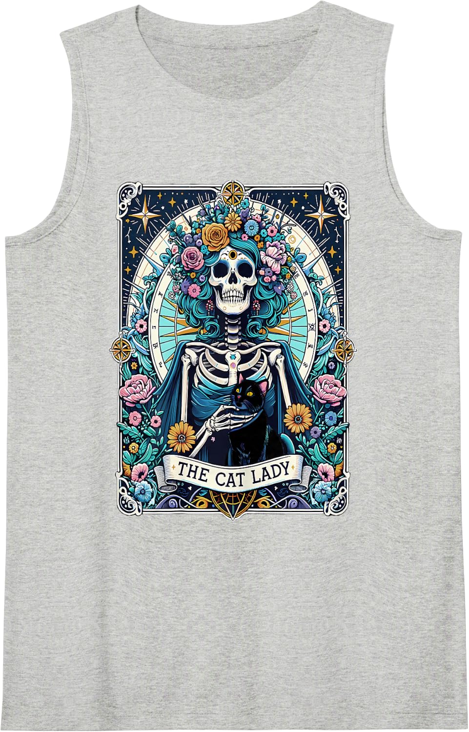 The Cat Lady Tarot Card Skeleton Cat Mom Cat Lover Sleeveless Tank Top - Heather Grey