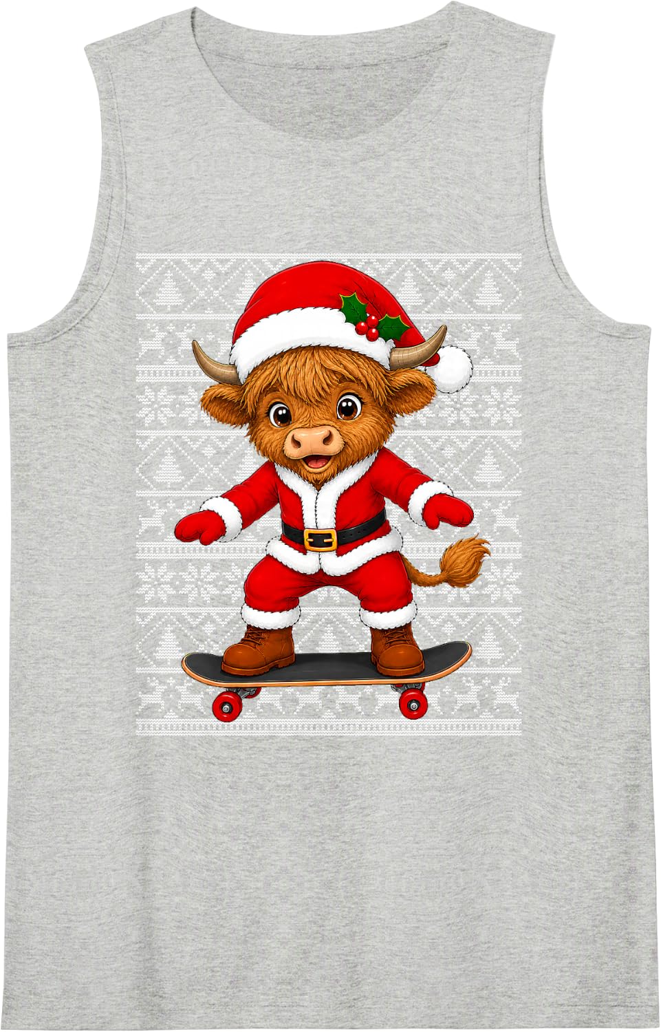 Cute Santa Festive Skateboarding Highland Cow Christmas Ugly Sleeveless Tank Top - Heather Grey