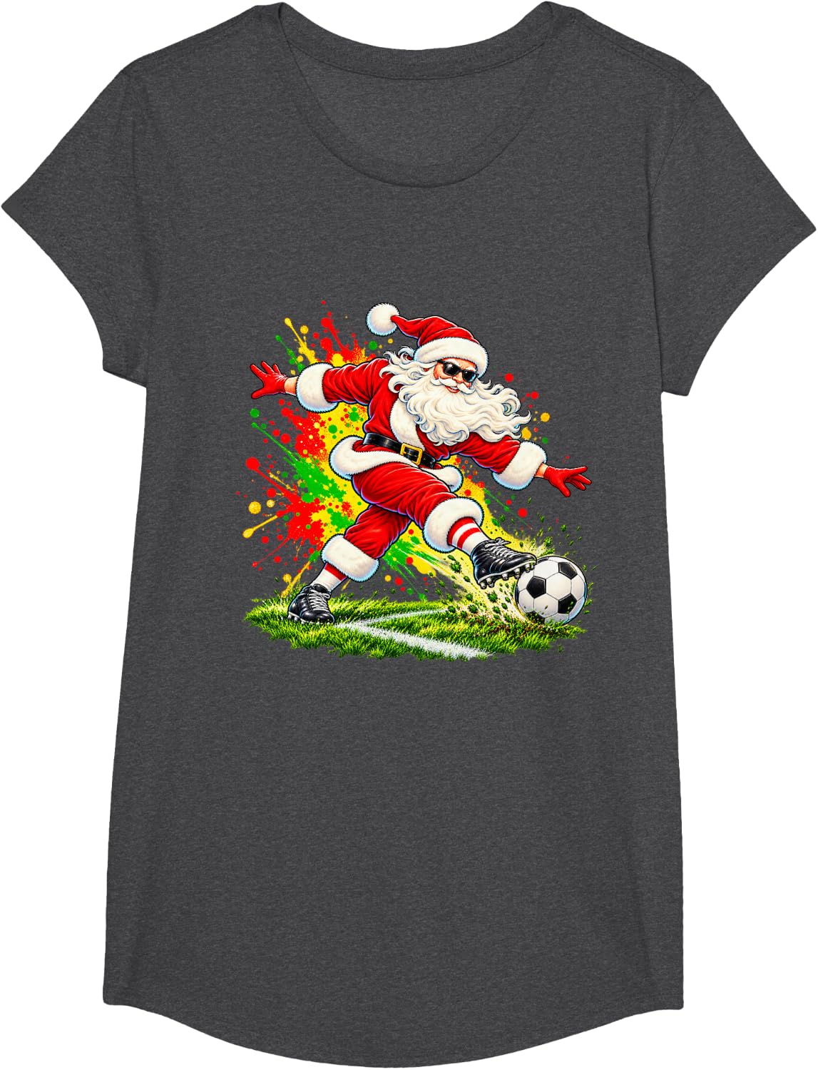 Santa Playing Soccer Funny Christmas Colorful Painting T-Shirt - Girls Dark Heather Grey