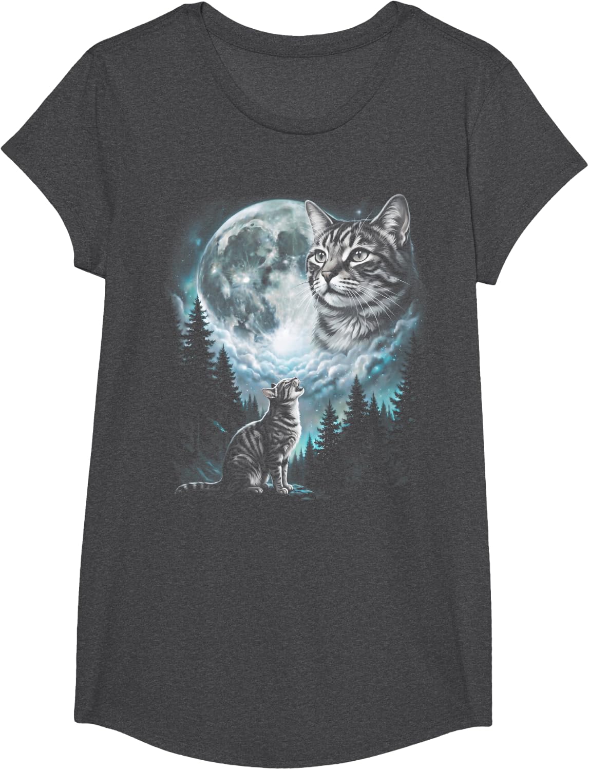 Grey Tabby Cat Howling at Moon Retro 90's T-Shirt - Girls Dark Heather Grey