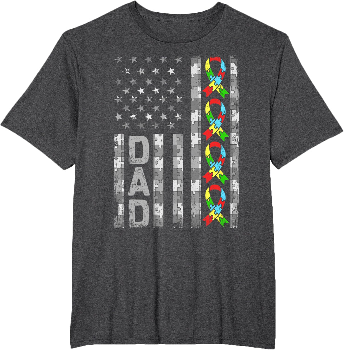 Men Autism Awareness Dad USA Flag Fathers Day T-Shirt - Dark Heather Grey