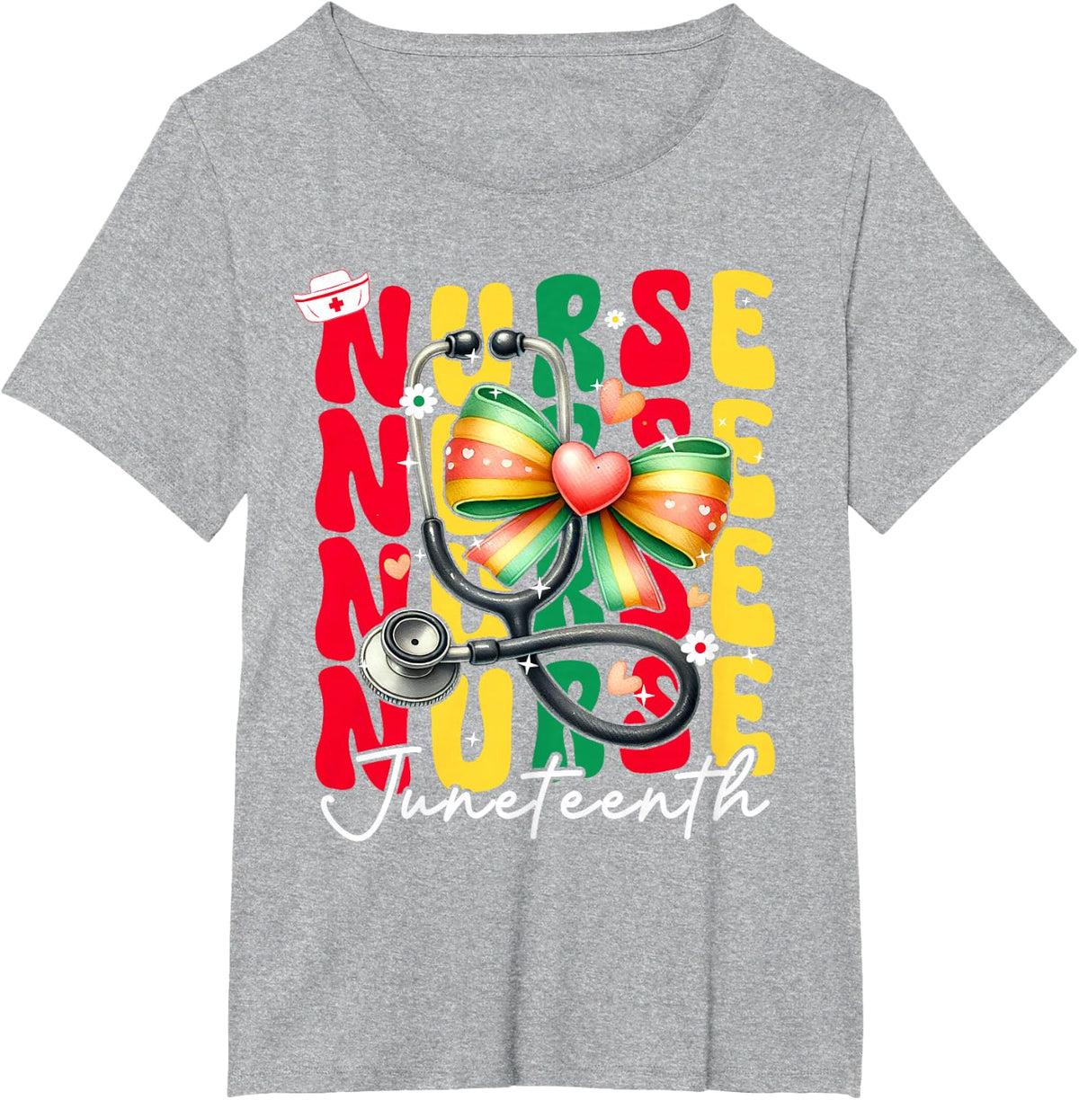 Juneteenth Scrubs Groovy African Bow Nurse Tee T-Shirt for Women - Heather Grey